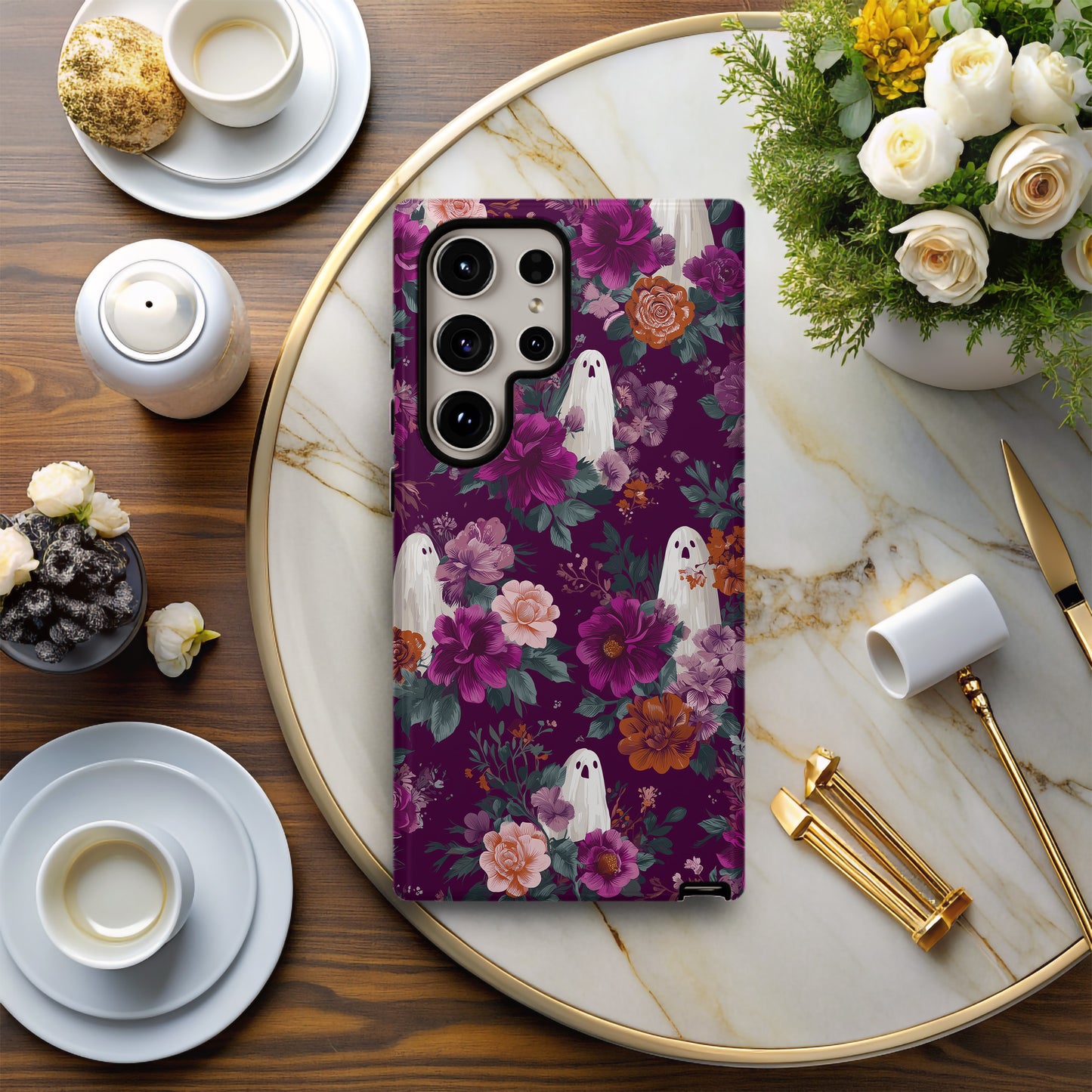 Haunted Garden Phone Case – Burgundy Floral Ghost Aesthetic Protective Case