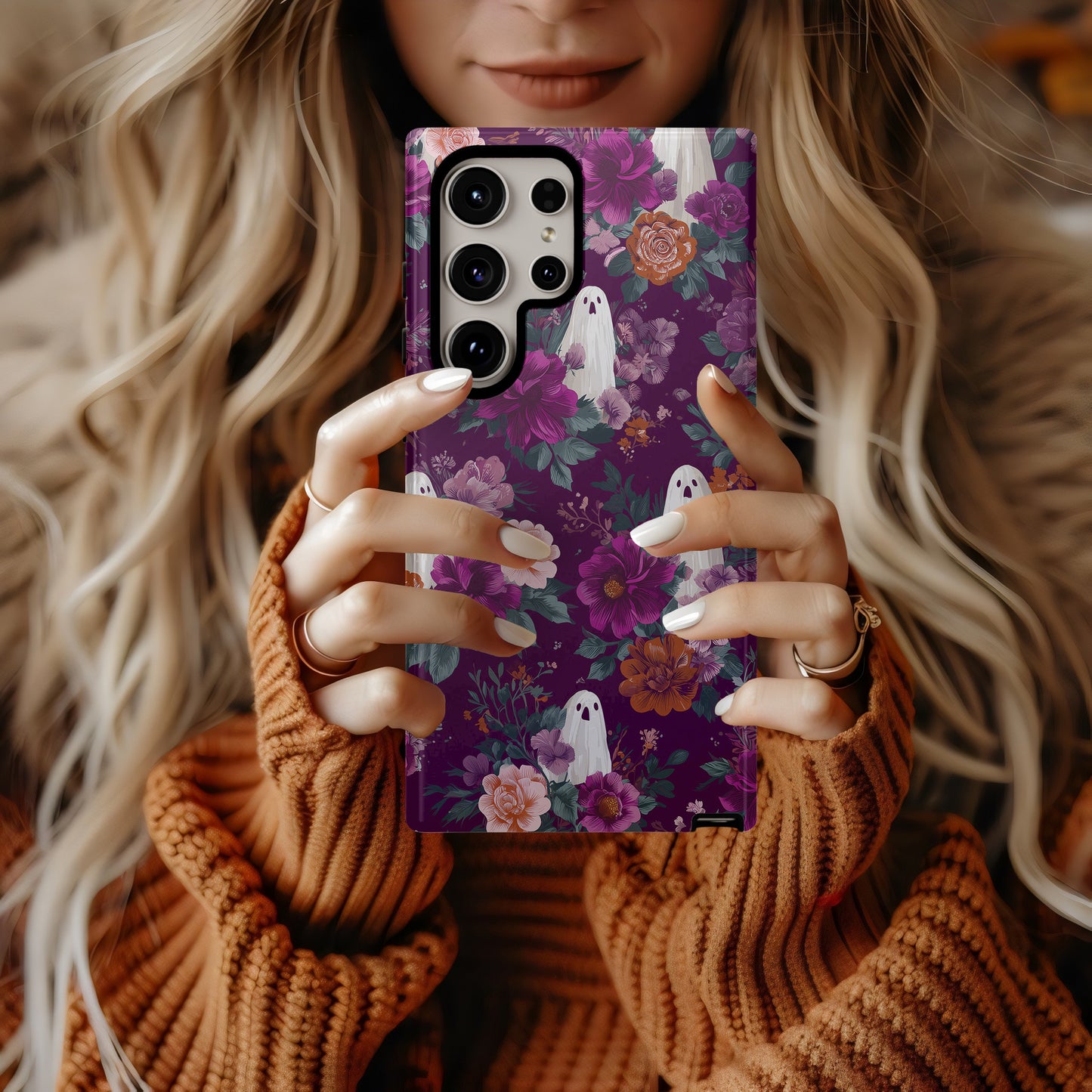 Haunted Garden Phone Case – Burgundy Floral Ghost Aesthetic Protective Case