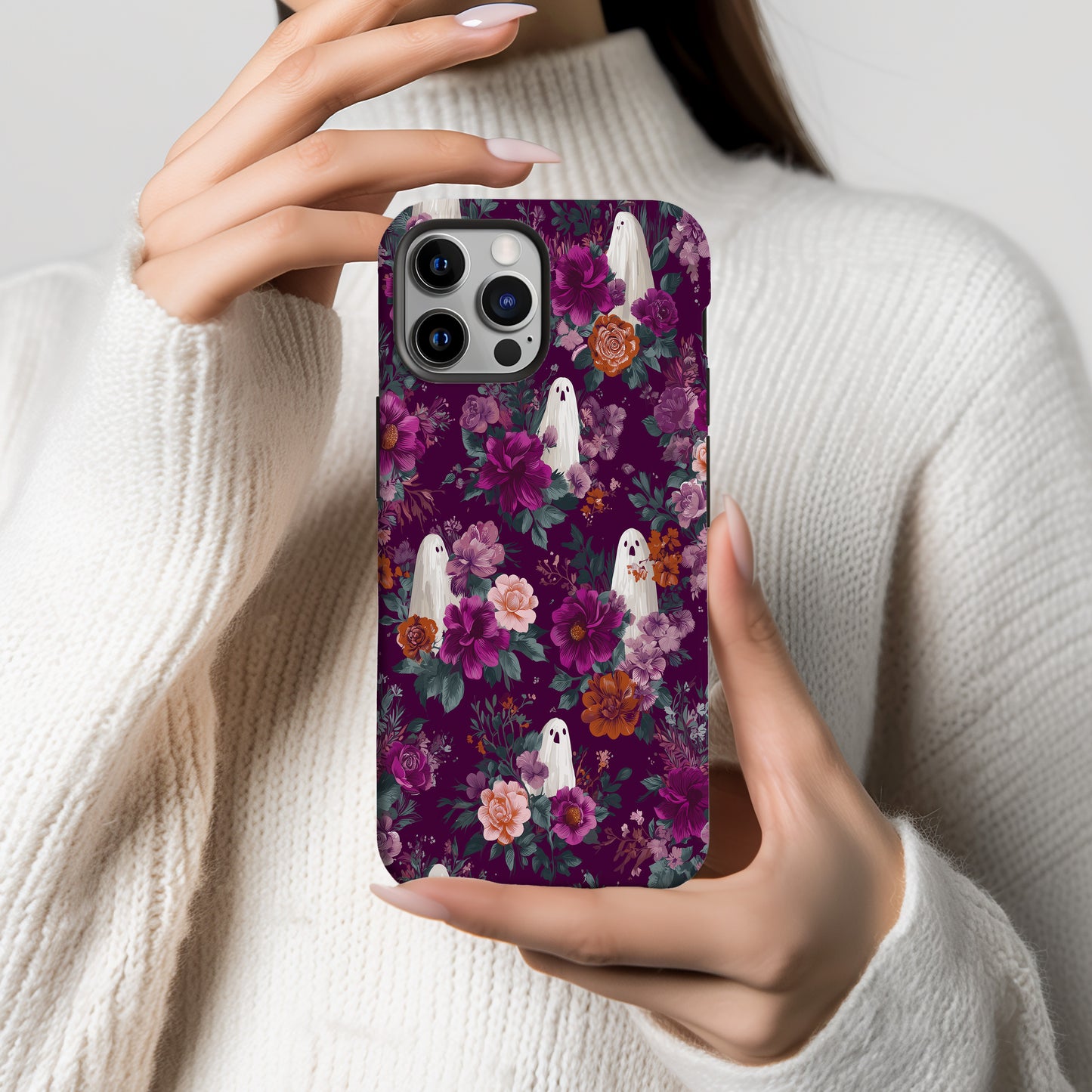 Haunted Garden Phone Case – Burgundy Floral Ghost Aesthetic Protective Case