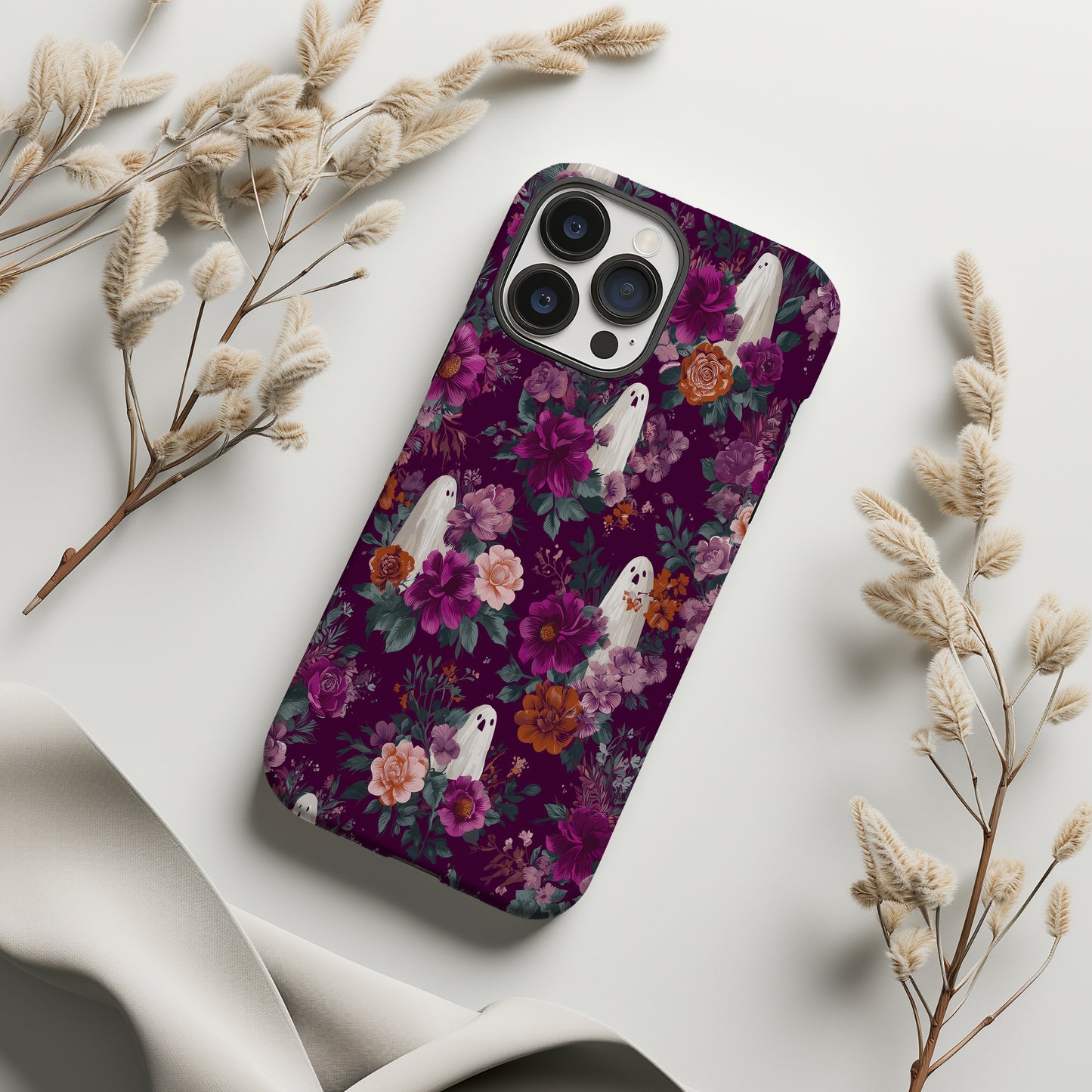 Haunted Garden Phone Case – Burgundy Floral Ghost Aesthetic Protective Case