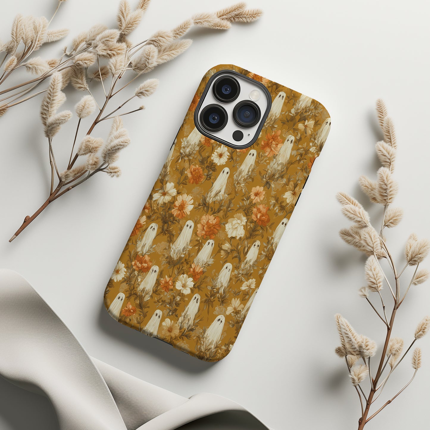 Autumn Ghost Floral Phone Case β Mustard Yellow Fall Aesthetic Protective Case