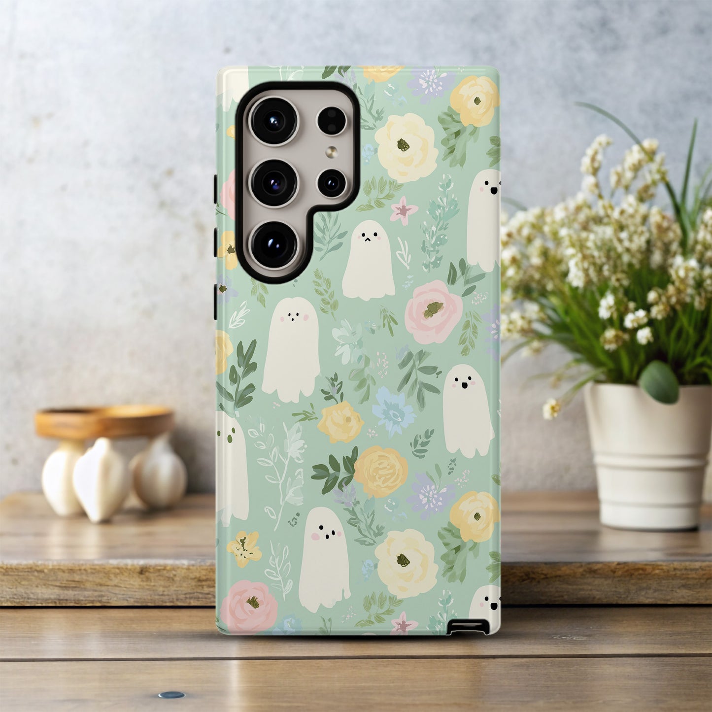 Pastel Ghost Garden Phone Case – Cute Mint Floral Aesthetic Protective Case