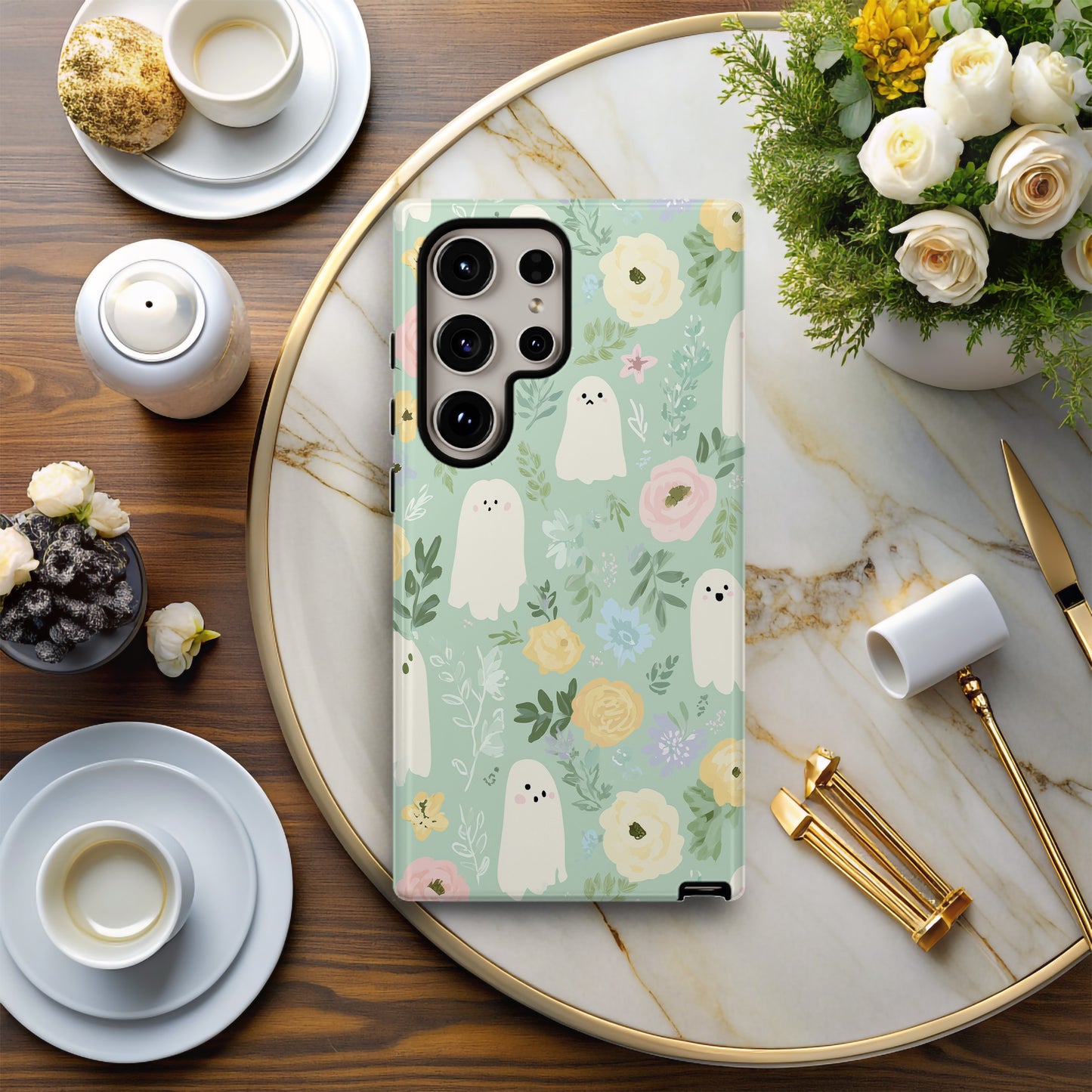 Pastel Ghost Garden Phone Case β Cute Mint Floral Aesthetic Protective Case