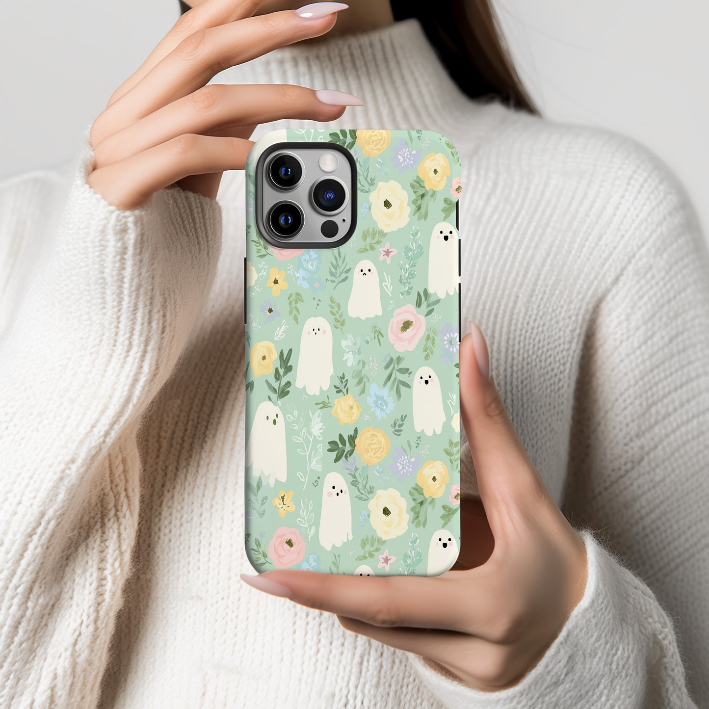 Pastel Ghost Garden Phone Case β Cute Mint Floral Aesthetic Protective Case