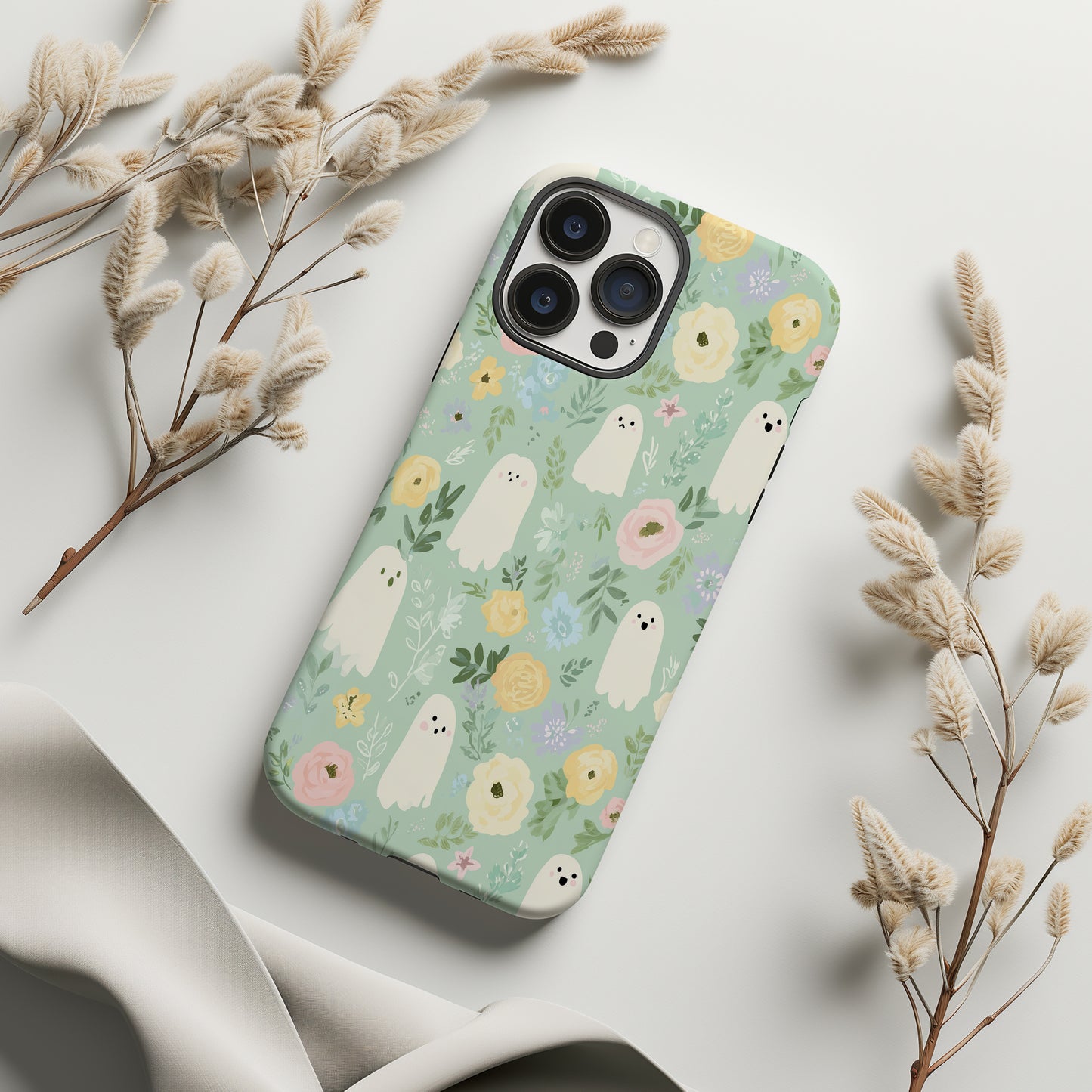 Pastel Ghost Garden Phone Case β Cute Mint Floral Aesthetic Protective Case