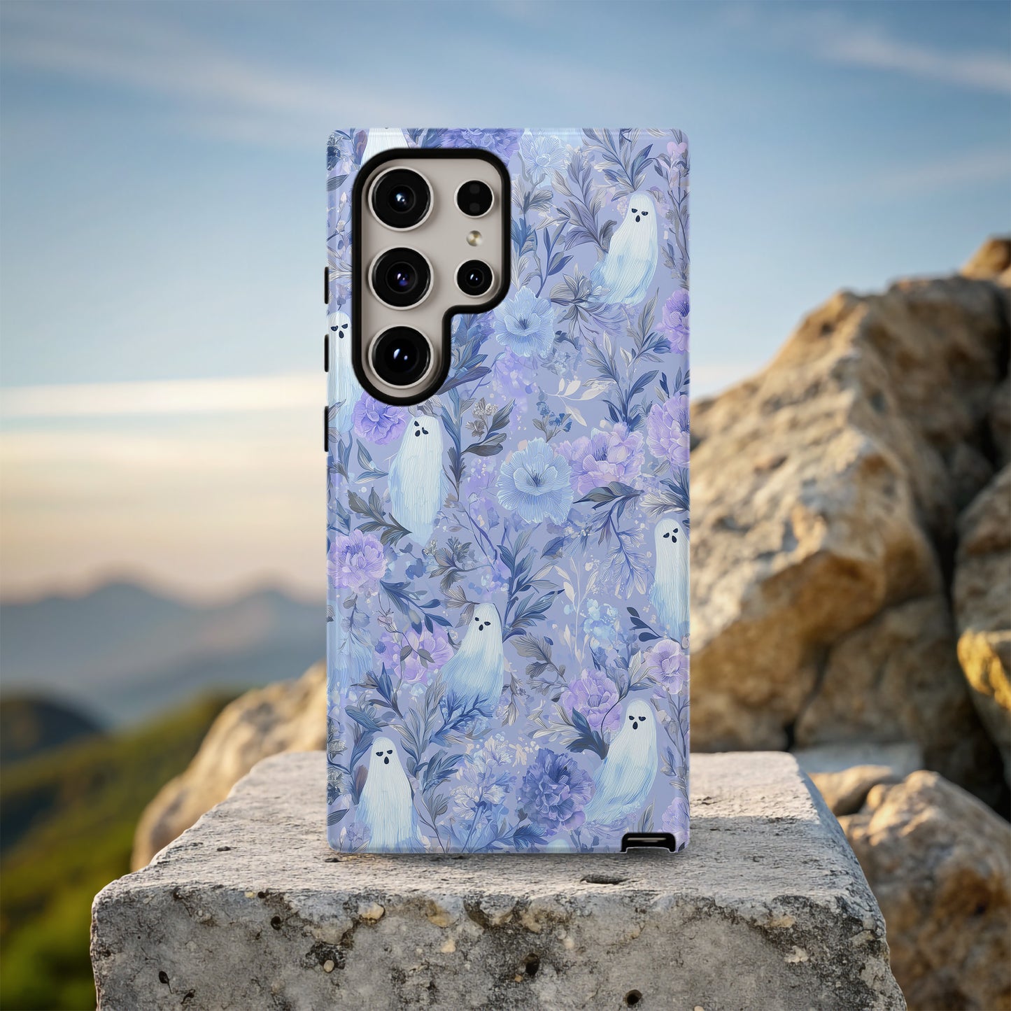 Blue Ghost Floral Phone Case – Pastel Gothic Aesthetic Protective Case
