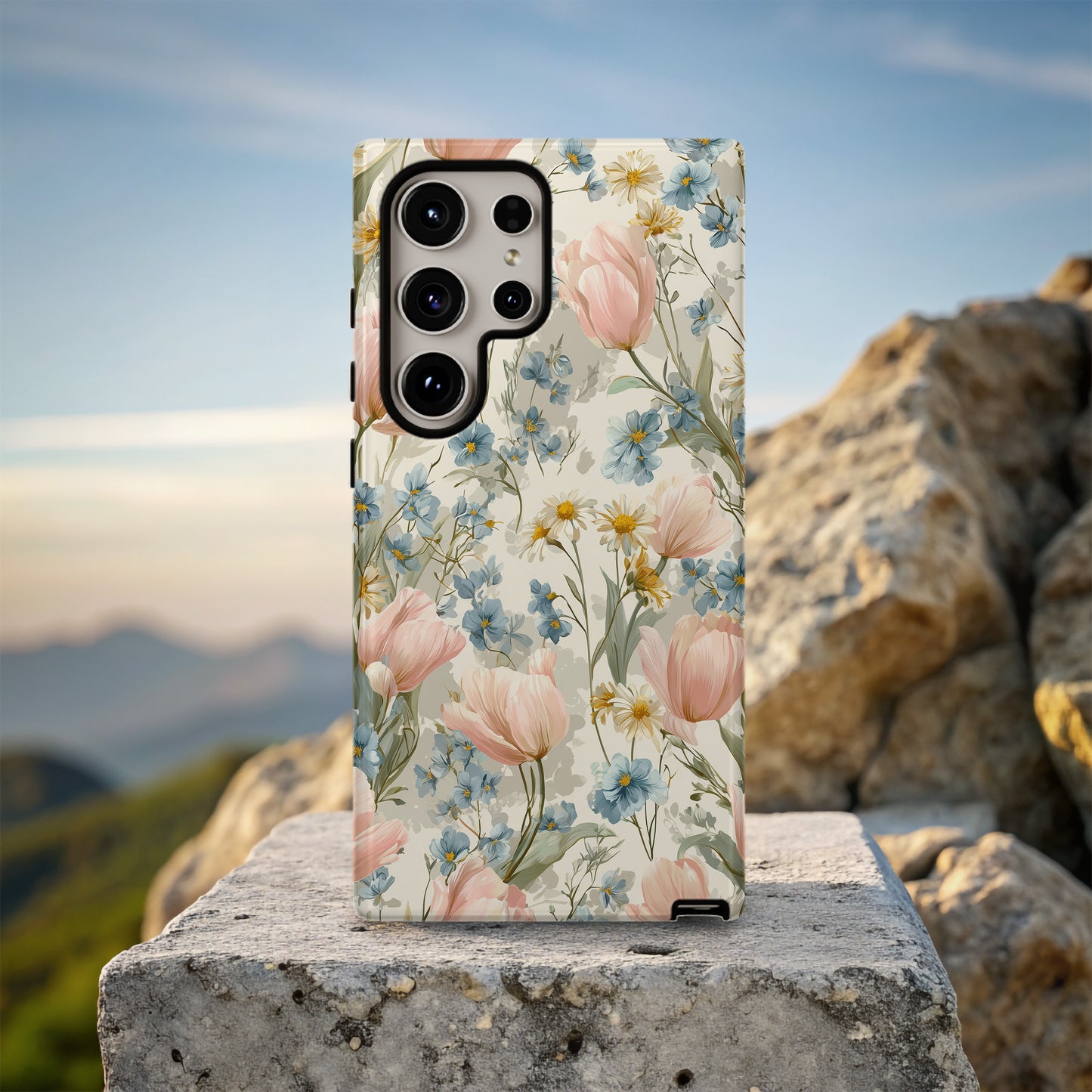 🌷 Vintage Tulip & Daisy Protective Phone Case – Elegant Floral Design