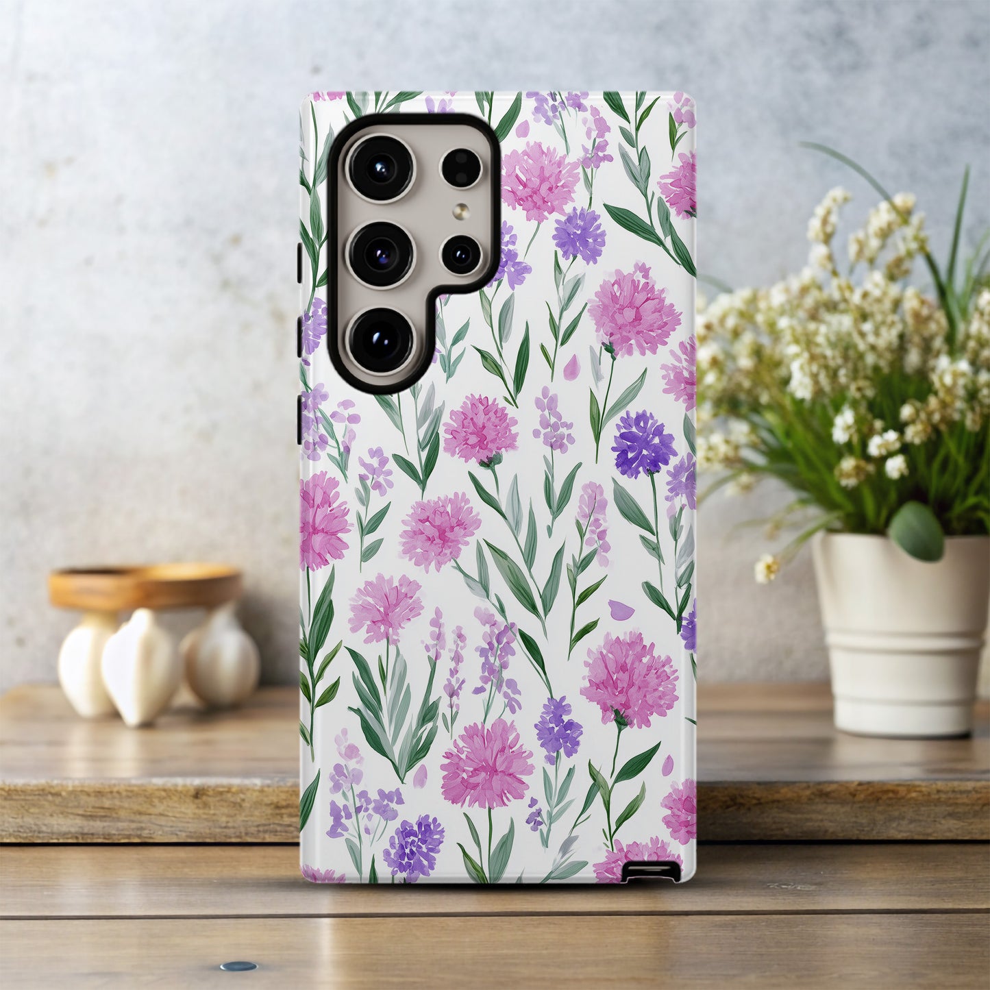 💜 Pink & Purple Wildflower Protective Phone Case – Watercolor Floral Design