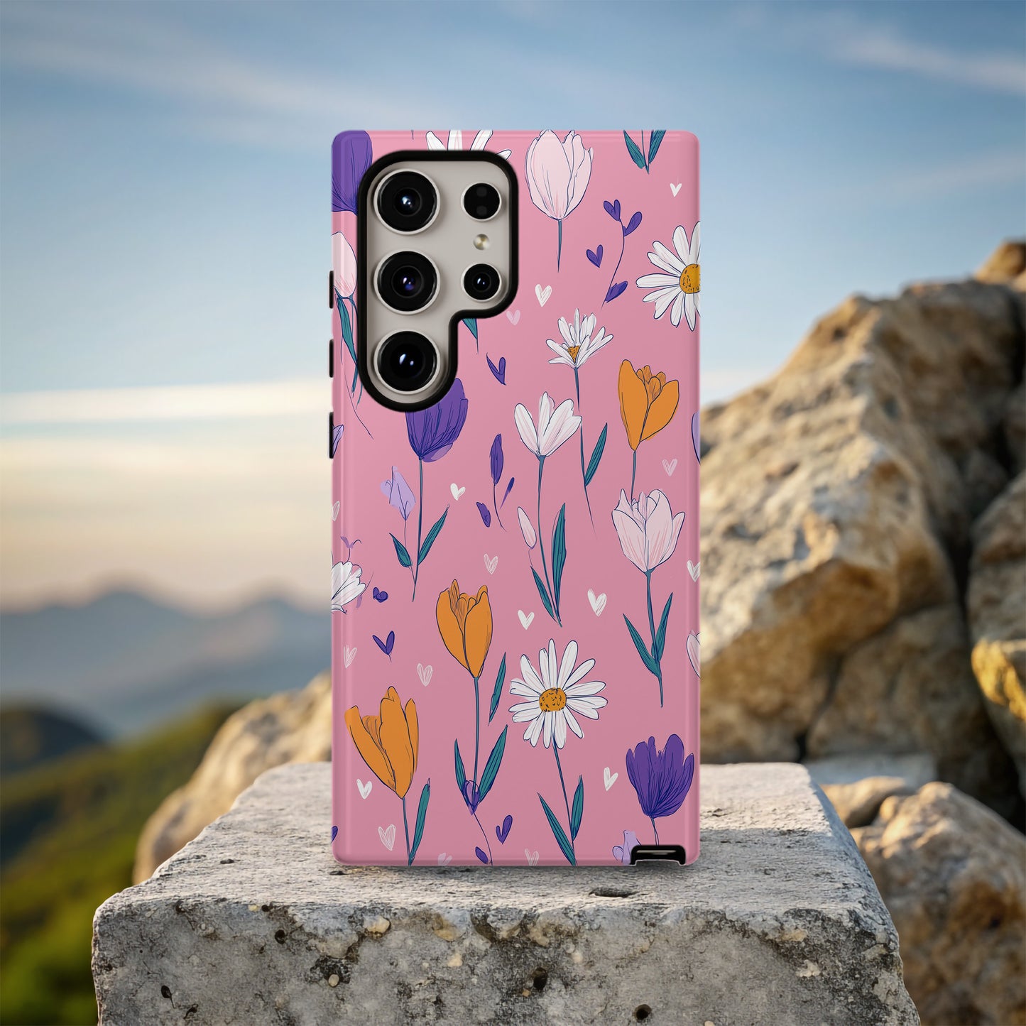 🌼 Playful Daisy & Tulip Protective Phone Case – Hand-Drawn Floral Design