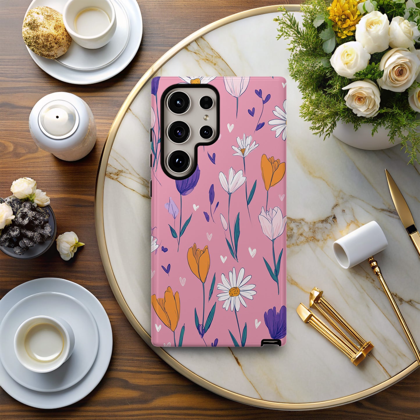 🌼 Playful Daisy & Tulip Protective Phone Case – Hand-Drawn Floral Design