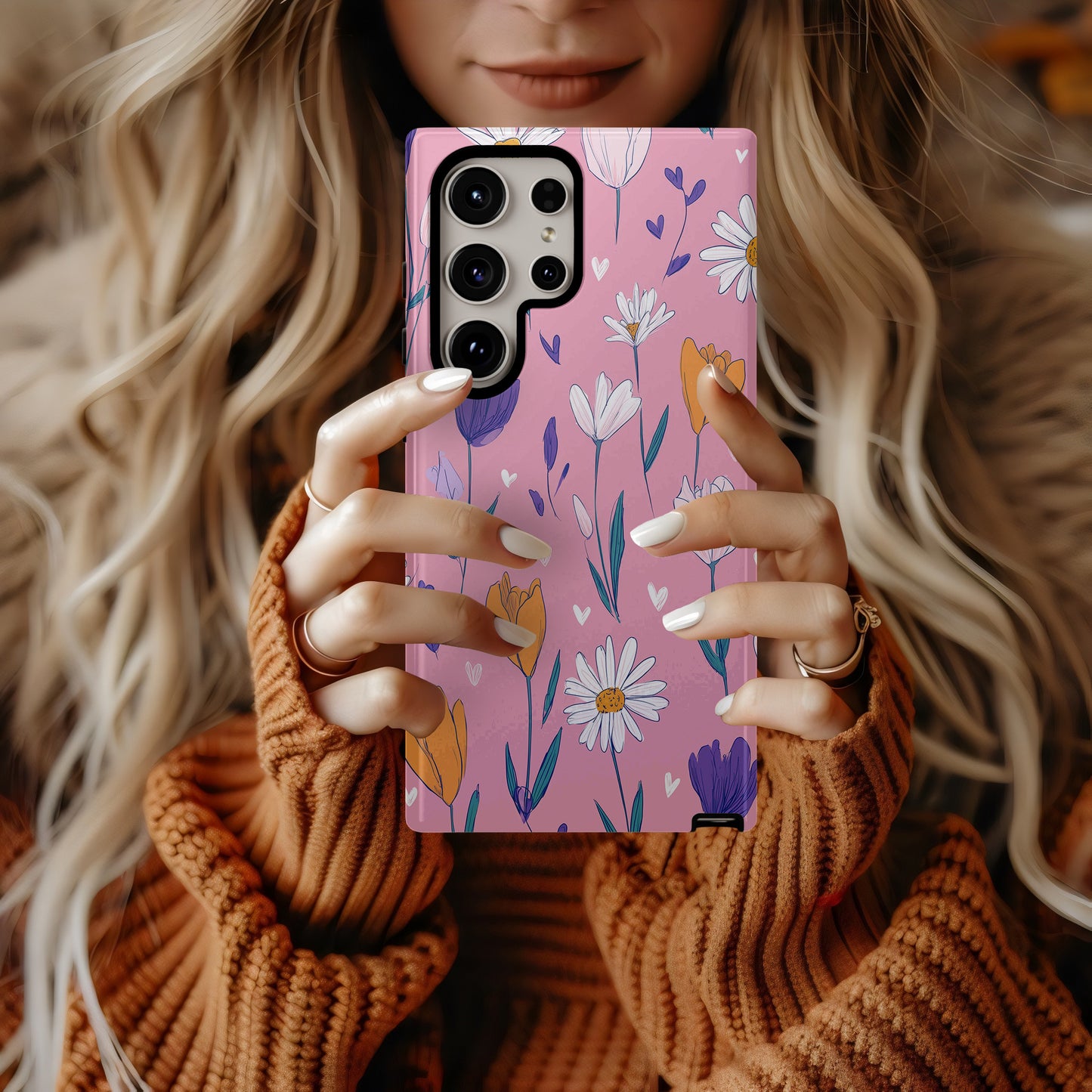 🌼 Playful Daisy & Tulip Protective Phone Case – Hand-Drawn Floral Design