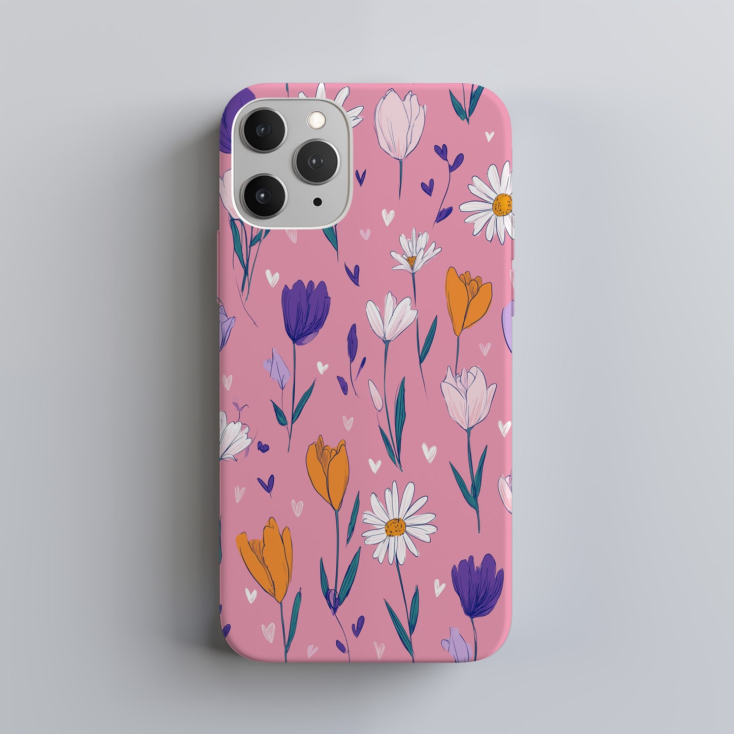 🌼 Playful Daisy & Tulip Protective Phone Case – Hand-Drawn Floral Design