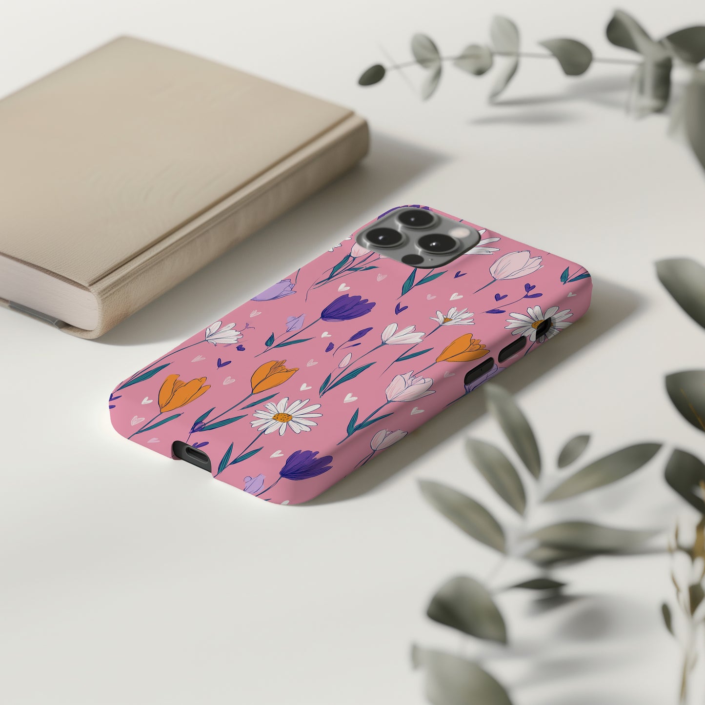 🌼 Playful Daisy & Tulip Protective Phone Case – Hand-Drawn Floral Design