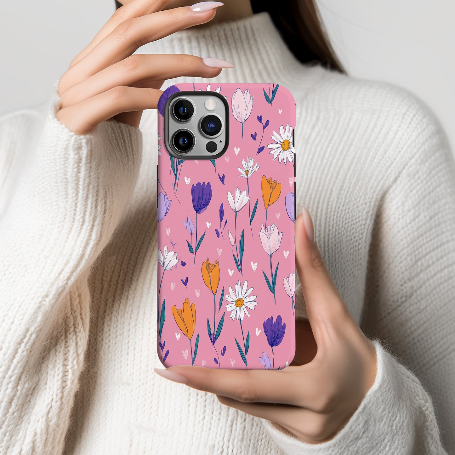 🌼 Playful Daisy & Tulip Protective Phone Case – Hand-Drawn Floral Design