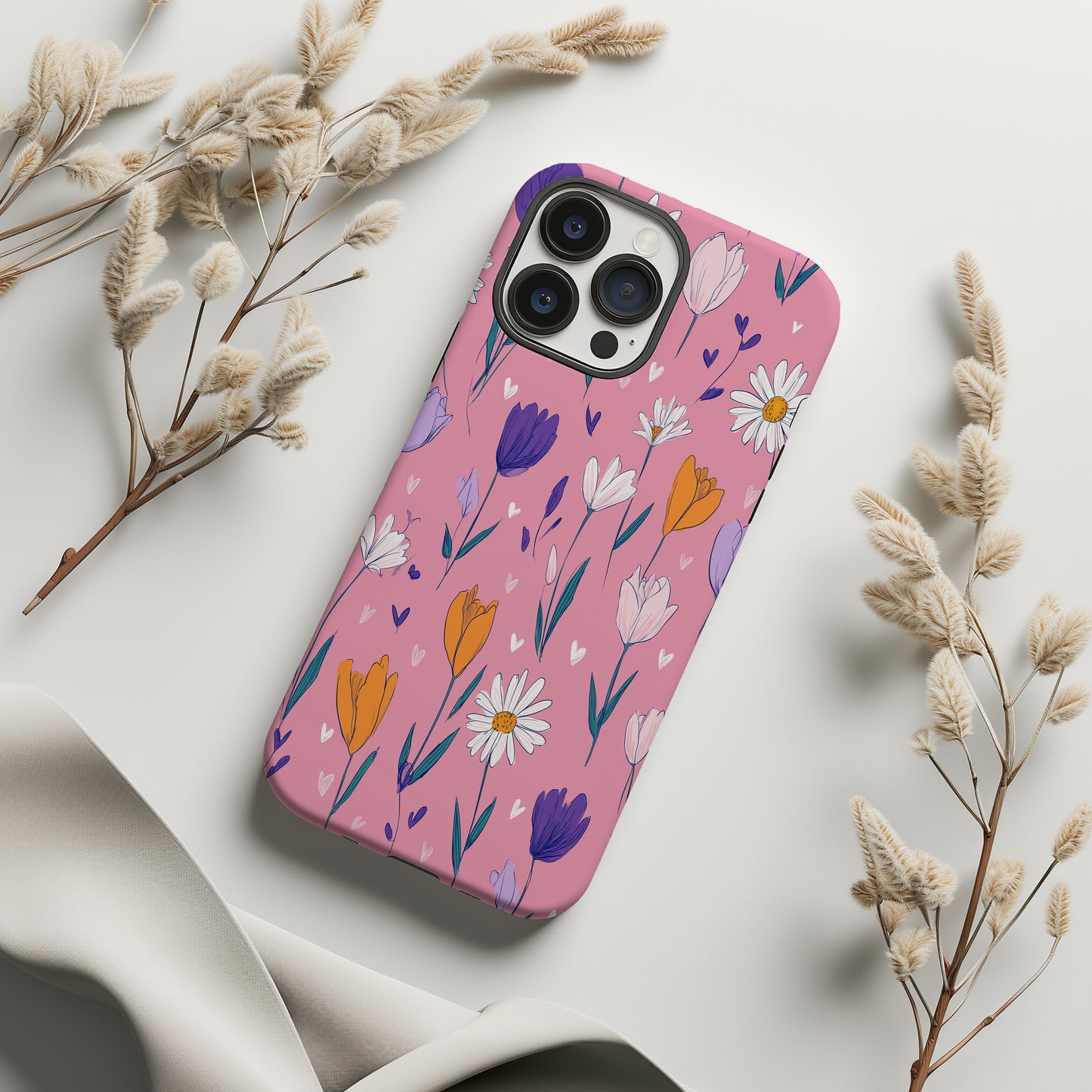 🌼 Playful Daisy & Tulip Protective Phone Case – Hand-Drawn Floral Design
