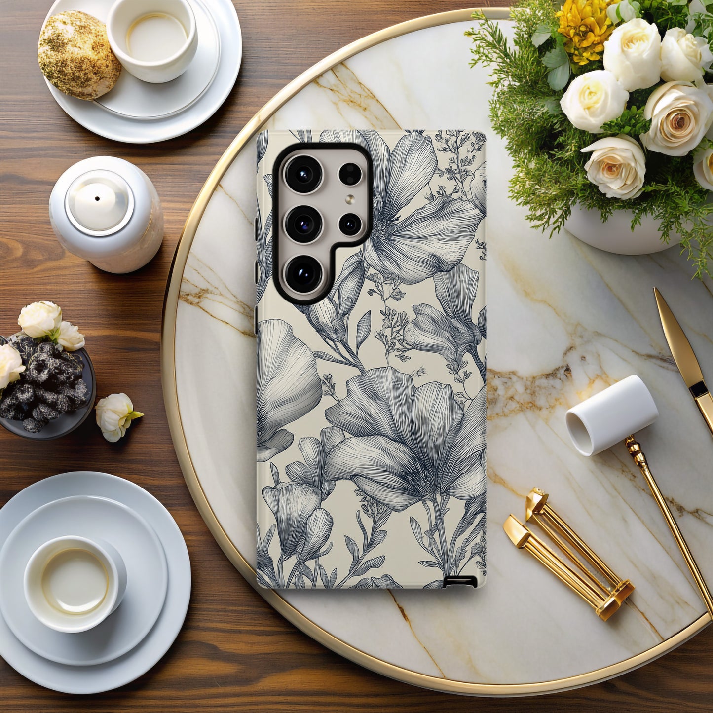 Monochrome Bloom Phone Case – Elegant Black & White Floral Protective Case