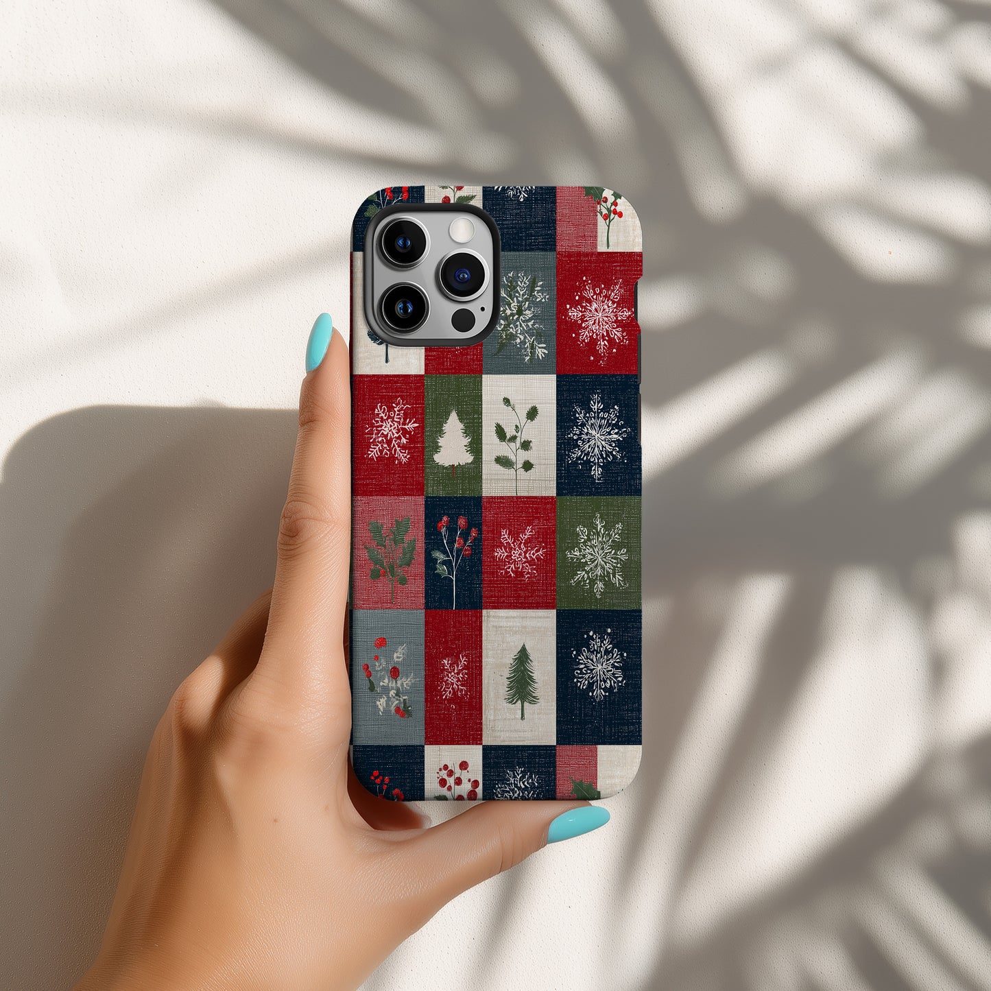 🎁 Cozy Christmas Patchwork Protective Phone Case – Rustic Red, Green & Navy Holiday Design