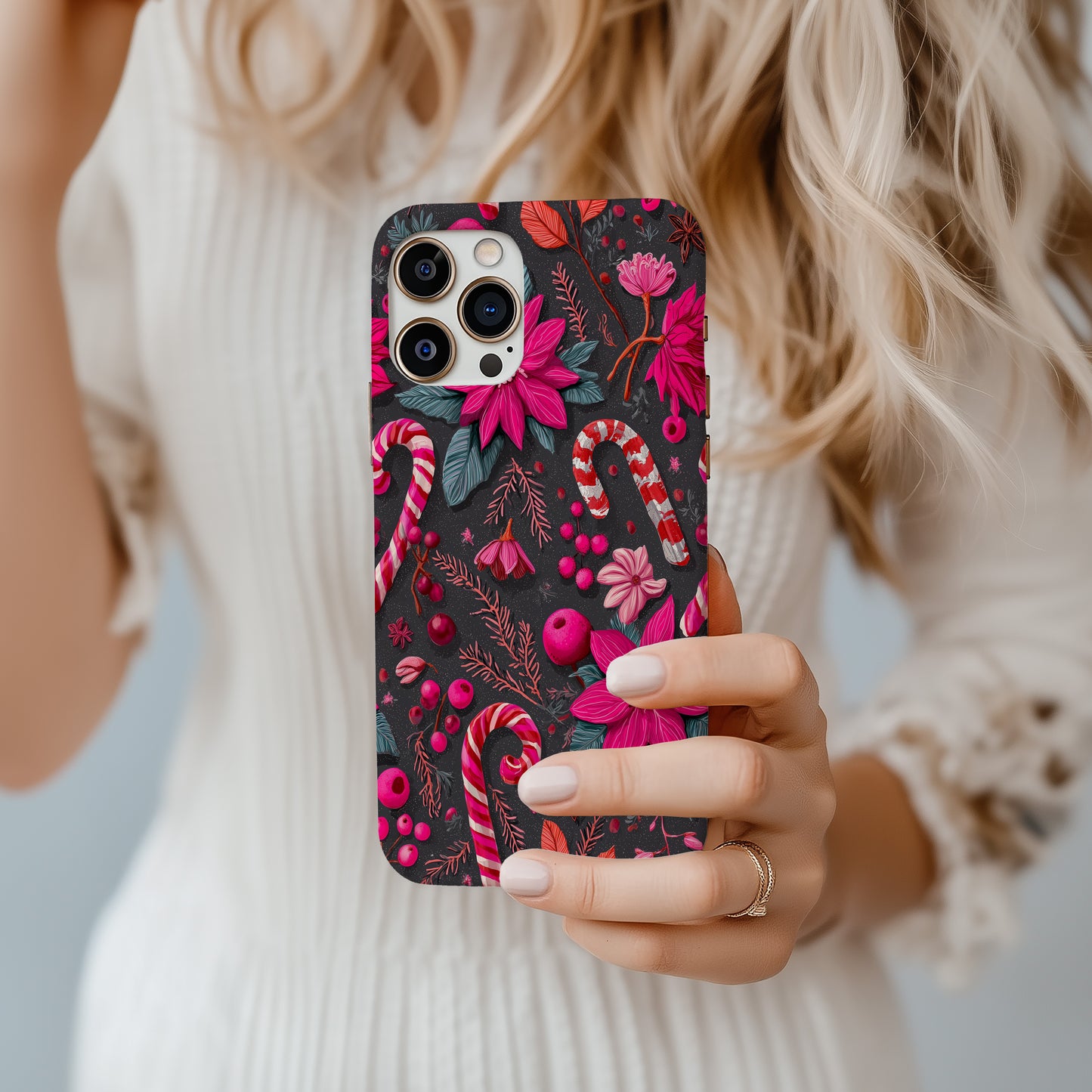 🍬 Candy Cane Bloom Protective Phone Case – Festive Pink & Red Holiday Design