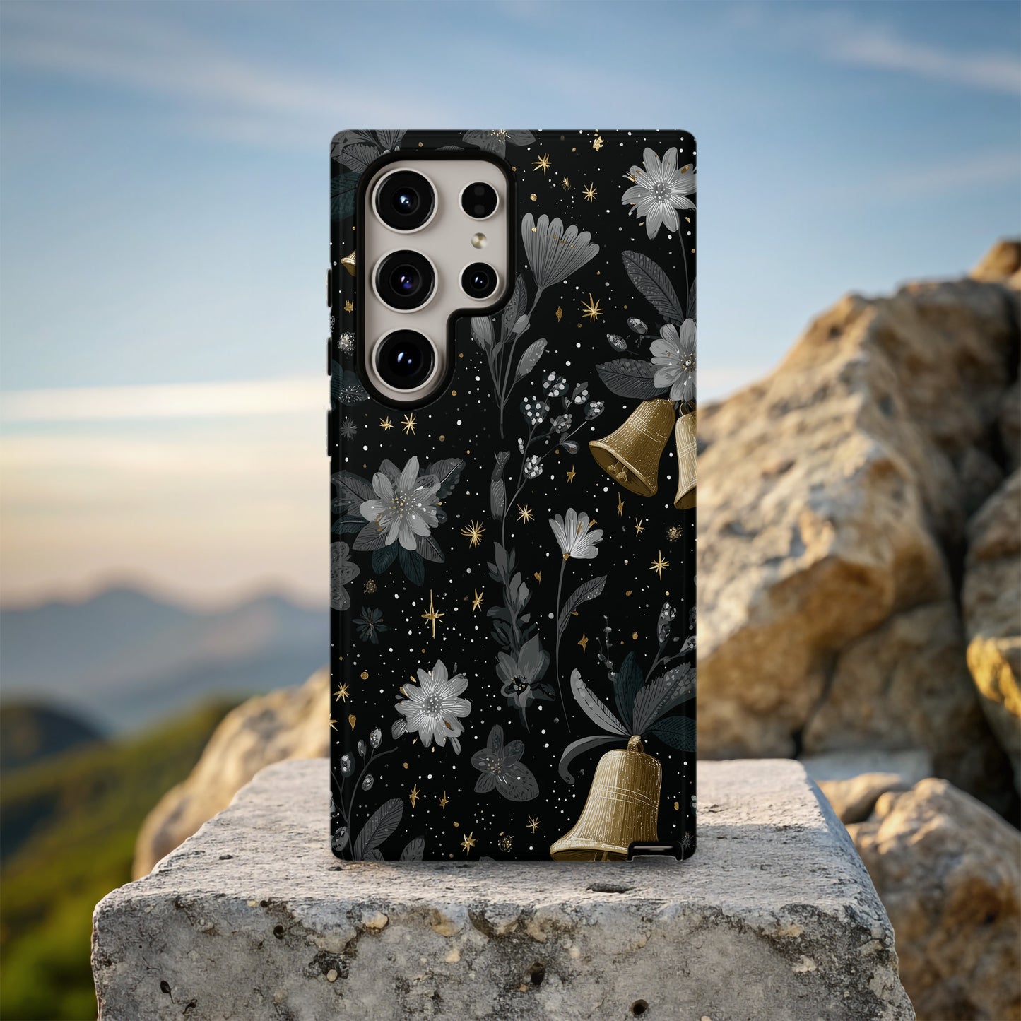 π Midnight Bells Luxury Protective Phone Case β Black & Gold Holiday Floral Design