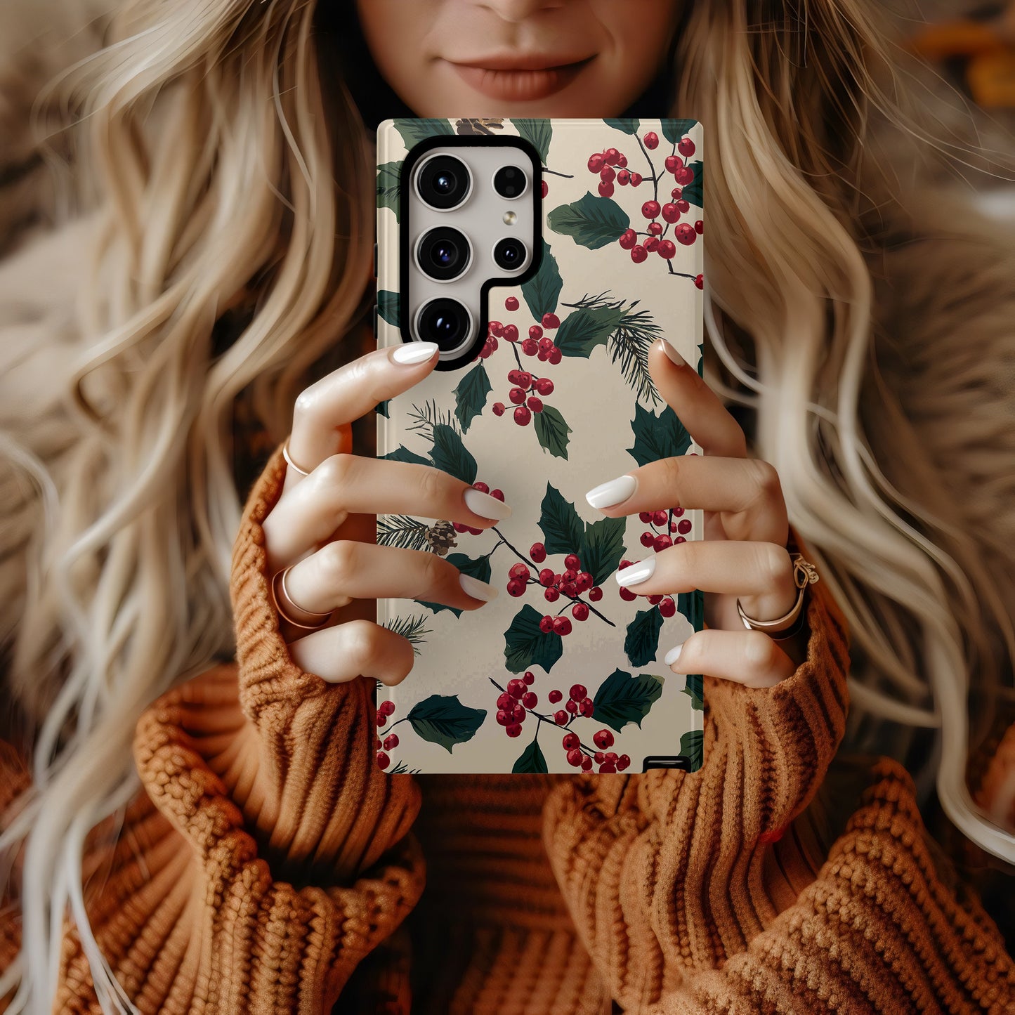 🍒 Classic Holly & Pine Protective Phone Case – Timeless Christmas Botanical Design