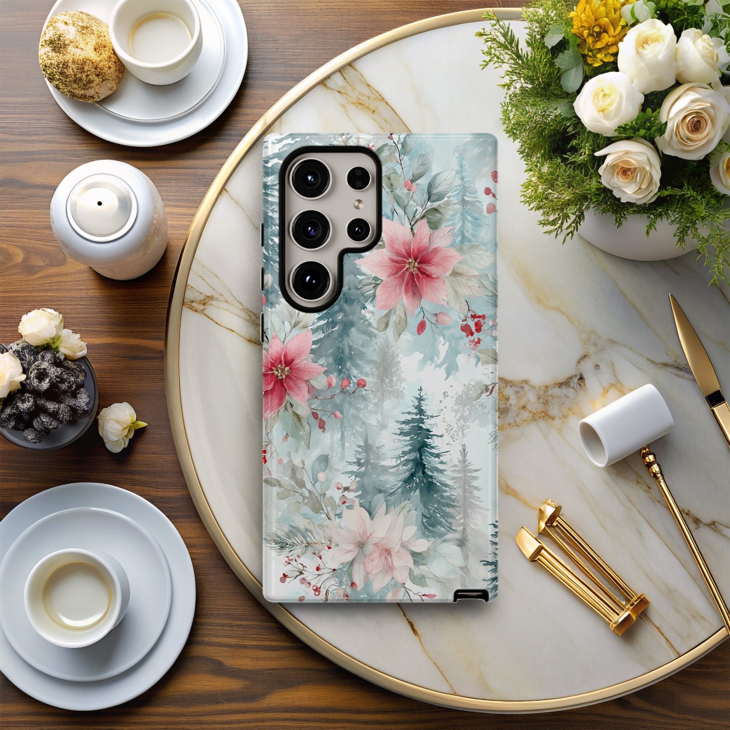 ❄️ Frosted Poinsettia Forest Protective Phone Case – Soft Winter Watercolor Design
