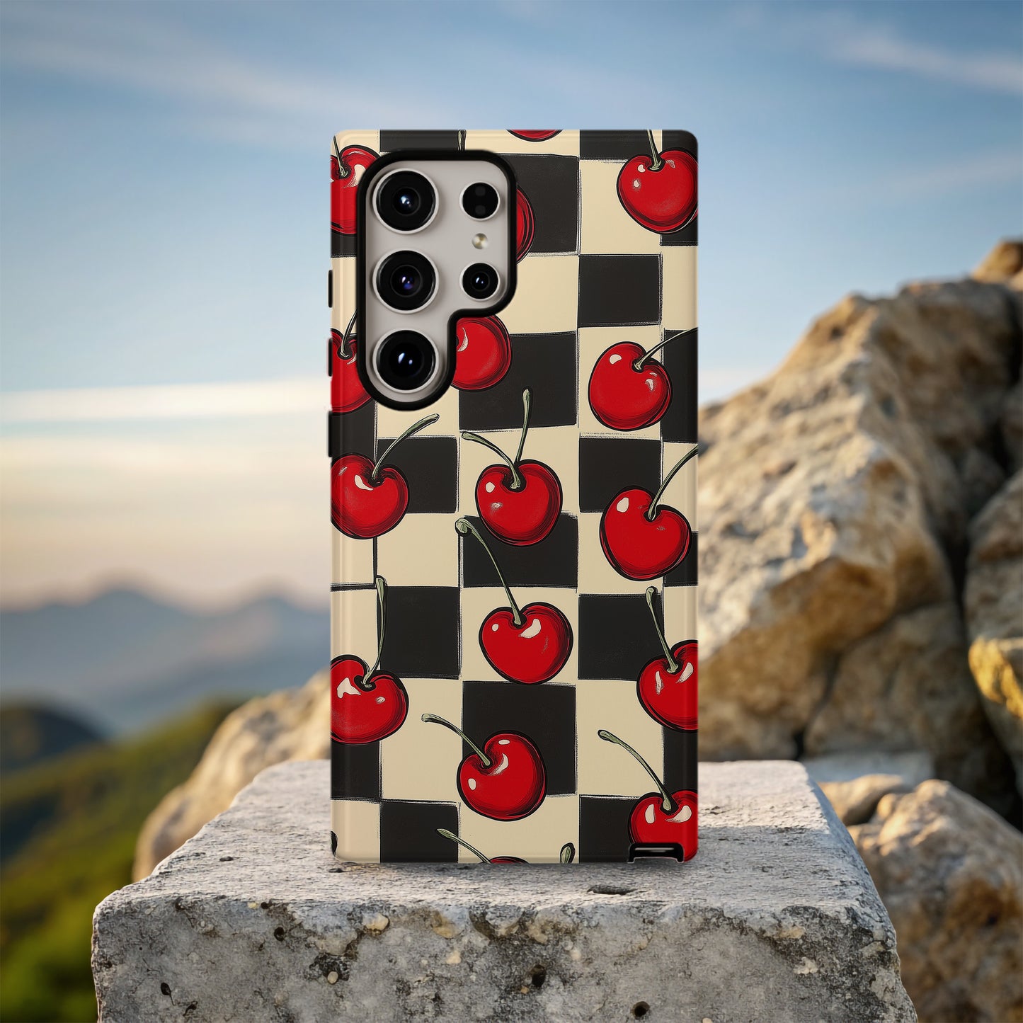 Retro Cherry Checkerboard Protective Phone Case