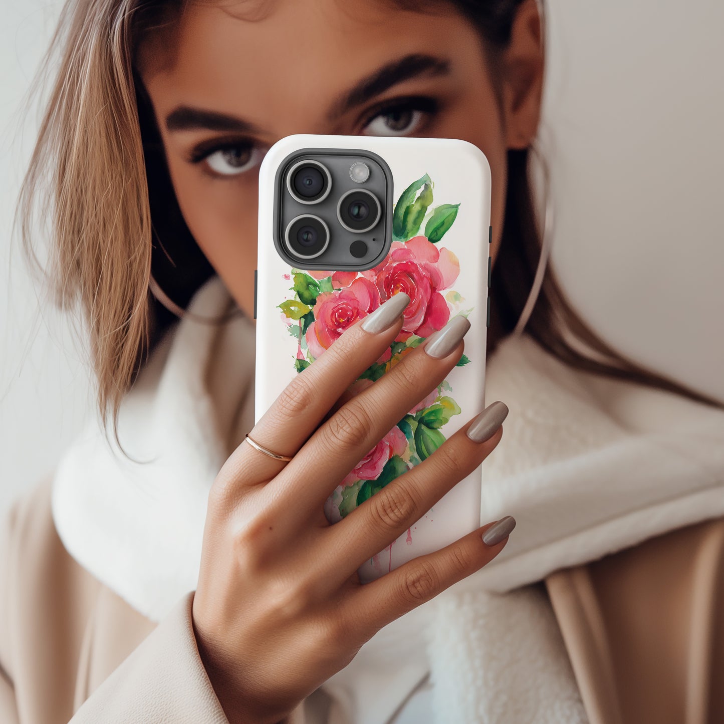 Coral Watercolor Rose Protective Phone Case