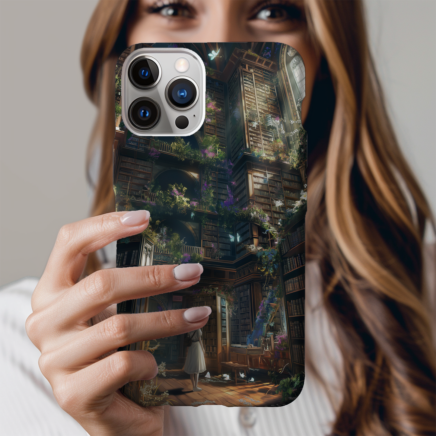 Girl in a Whimsical Library Phone Case – A Storybook Dream in Every Detail