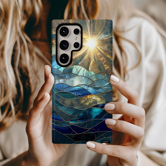 Sun Rays & Waves Stained Glass Phone Case – A Harmony of Light, Color, and Strength