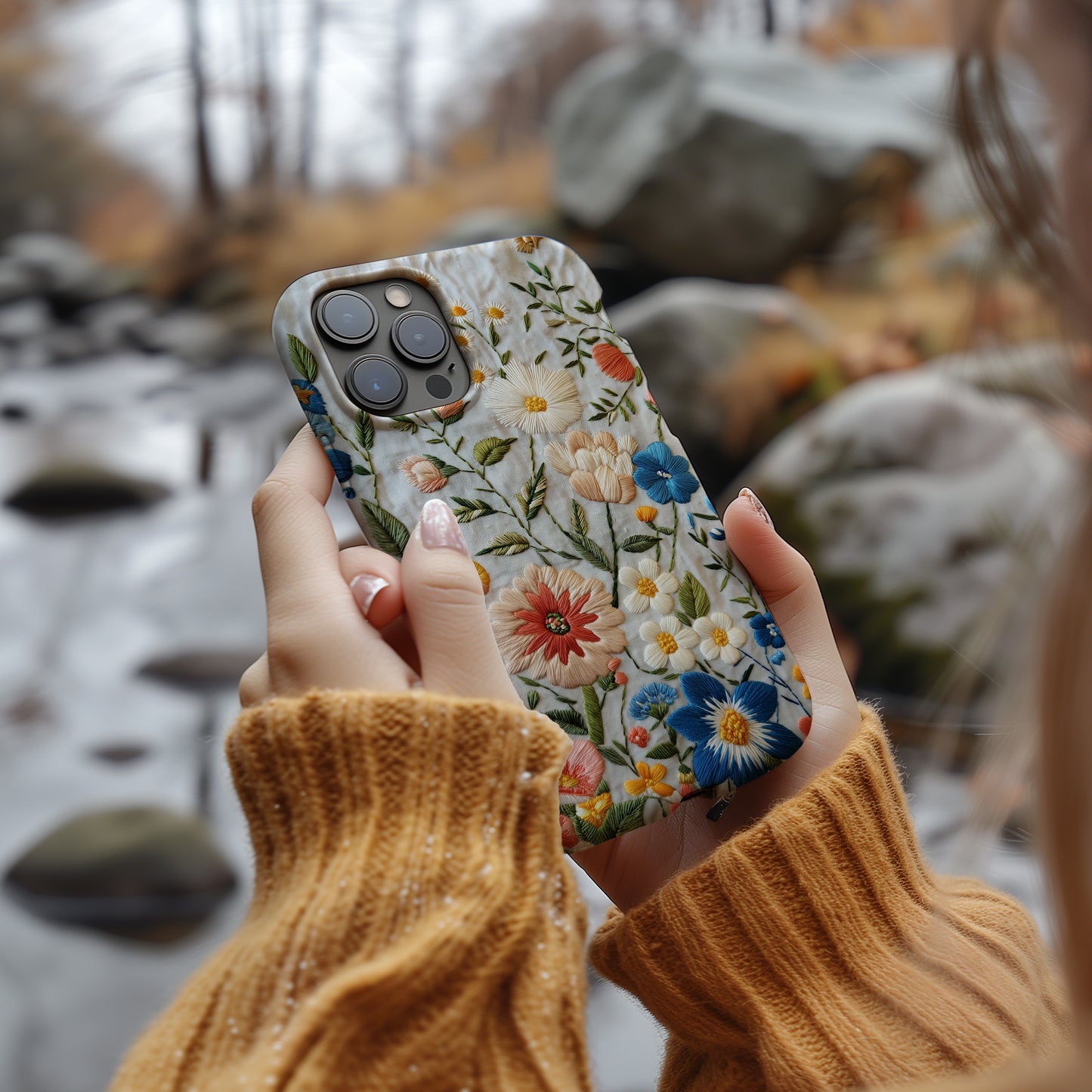 Embroidered Wildflower Phone Case – Nature’s Beauty with Everyday Protection