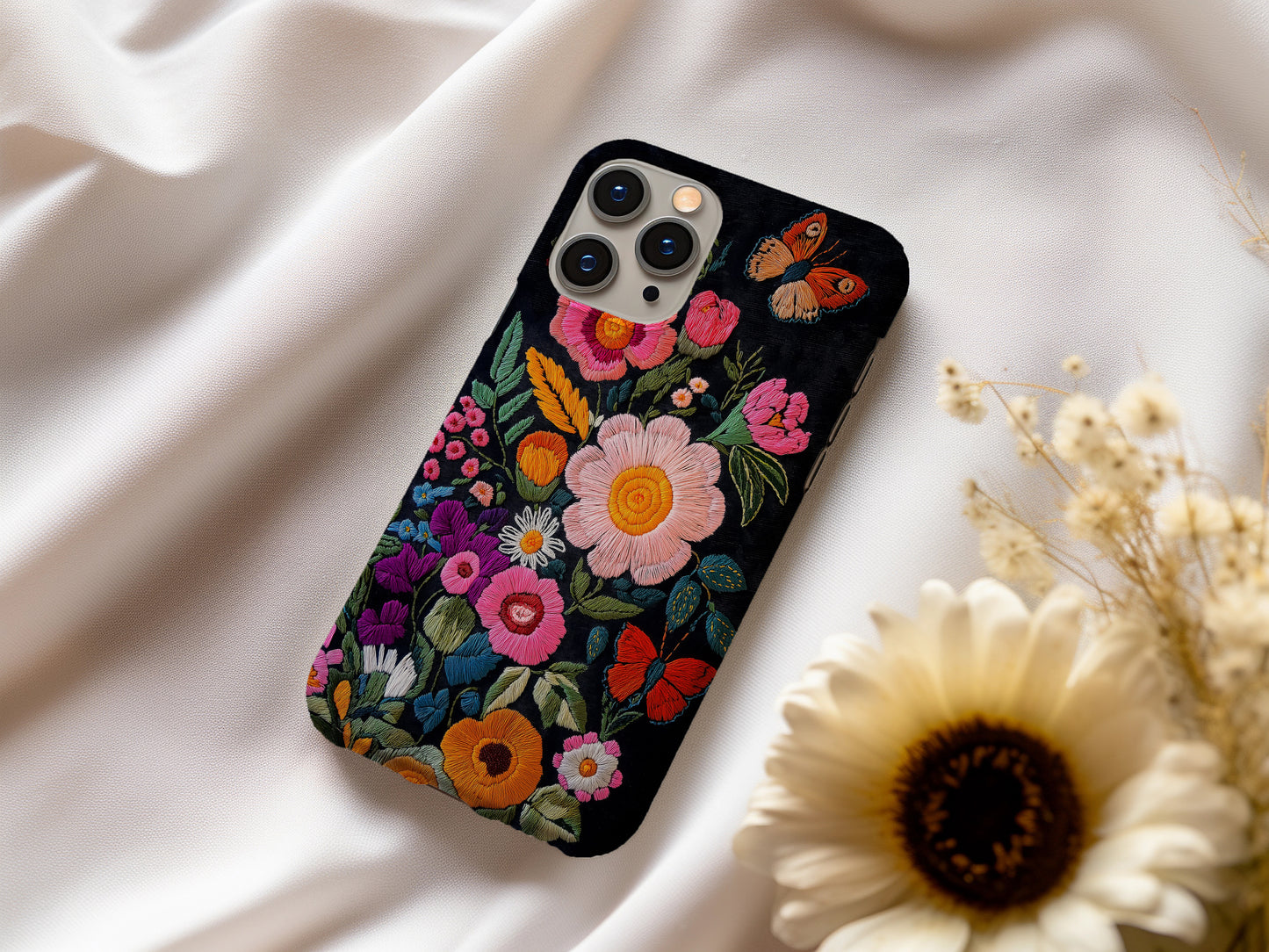 Embroidered Wildflower Phone Case – Nature’s Beauty with Everyday Protection