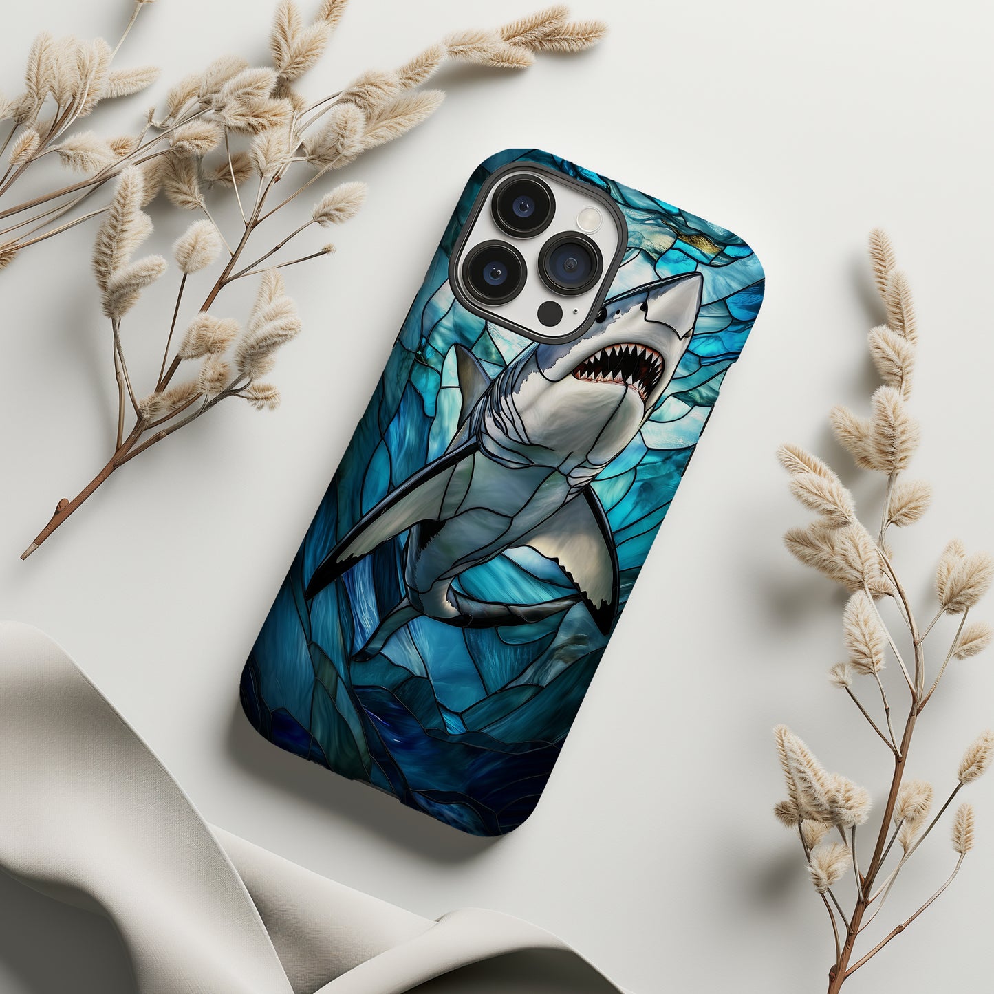 Stained Jaws Phone Case – Ocean Apex Meets Stained Glass Style with Everyday Protection