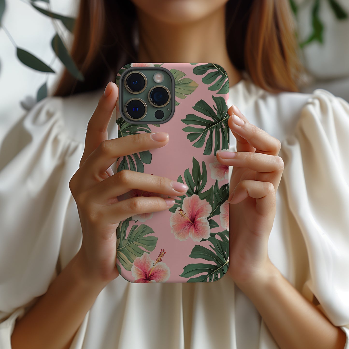 Hibiscus & Leaf Phone Case – Tropical Elegance with Everyday Protection