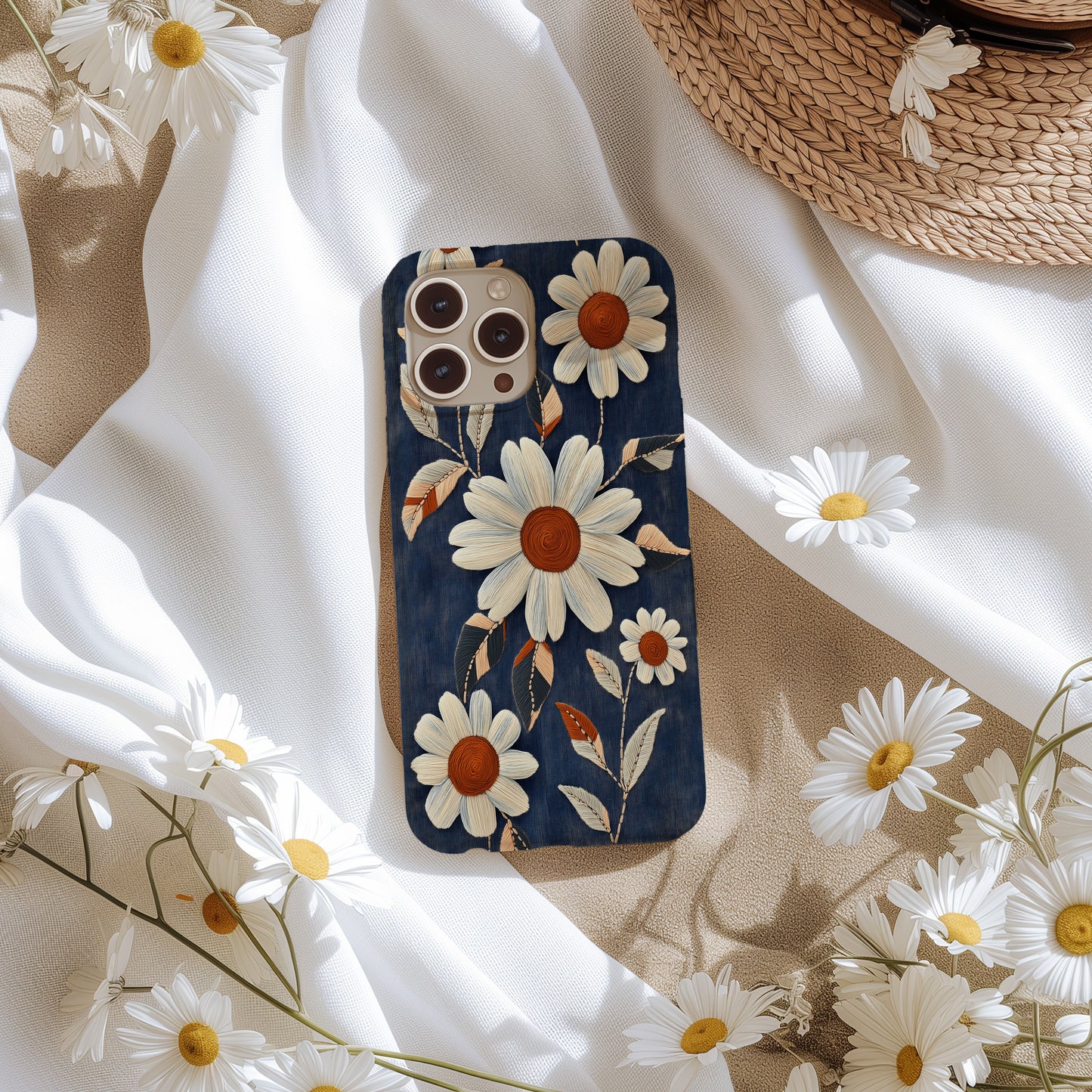 Daisy Denim Stitch Phone Case – Vintage Charm & Everyday Protection with Floral Flair