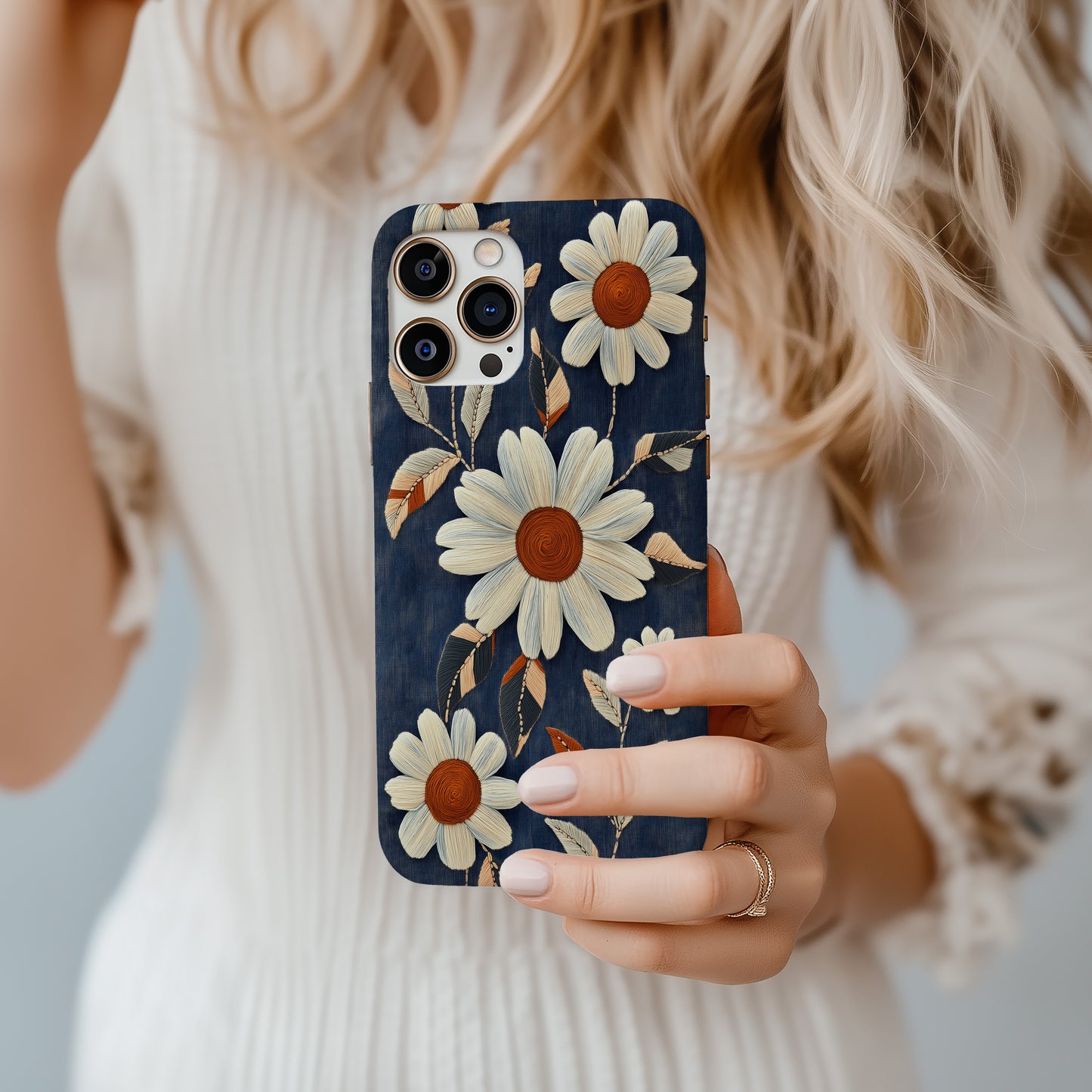 Daisy Denim Stitch Phone Case – Vintage Charm & Everyday Protection with Floral Flair