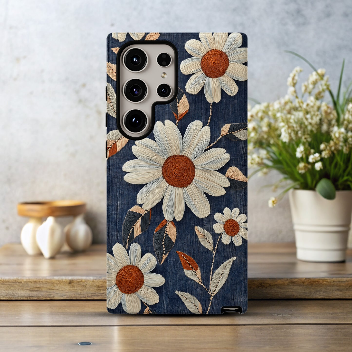 Daisy Denim Stitch Phone Case – Vintage Charm & Everyday Protection with Floral Flair