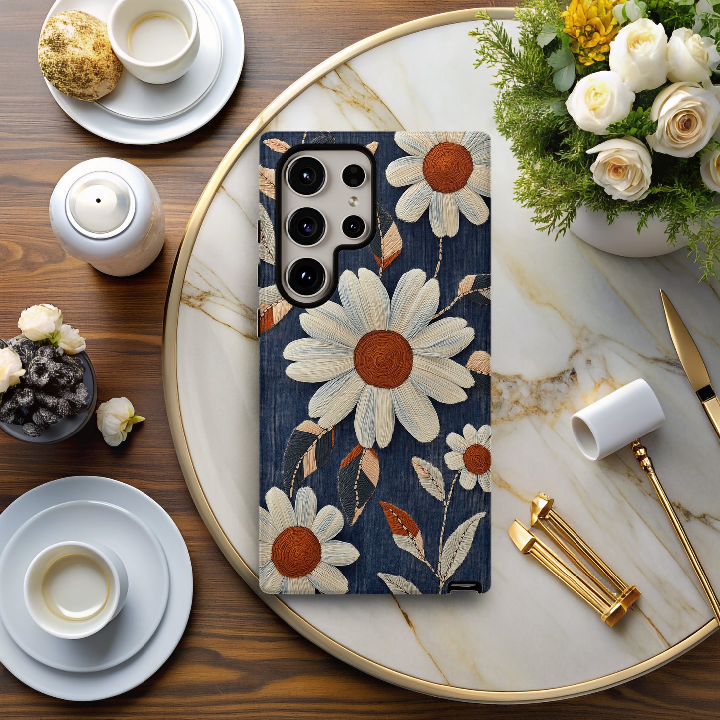 Daisy Denim Stitch Phone Case – Vintage Charm & Everyday Protection with Floral Flair