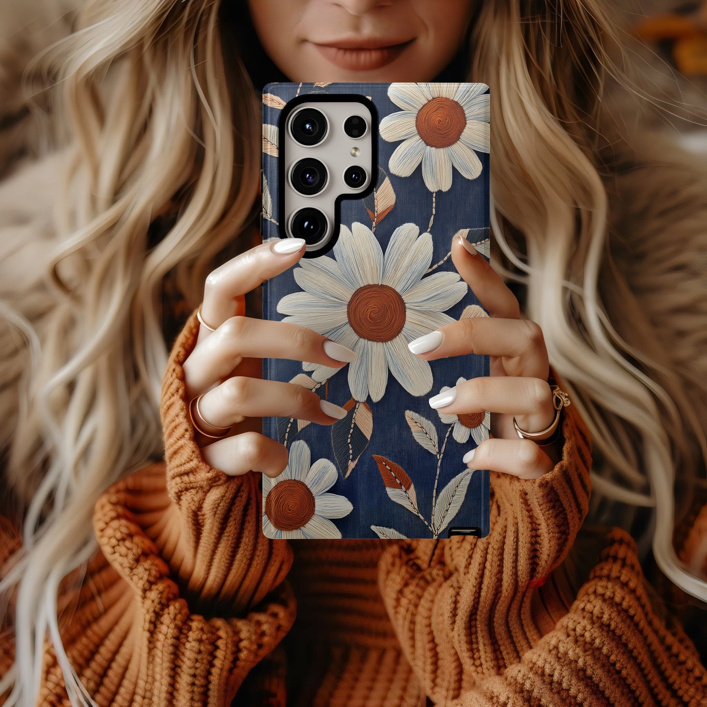 Daisy Denim Stitch Phone Case – Vintage Charm & Everyday Protection with Floral Flair