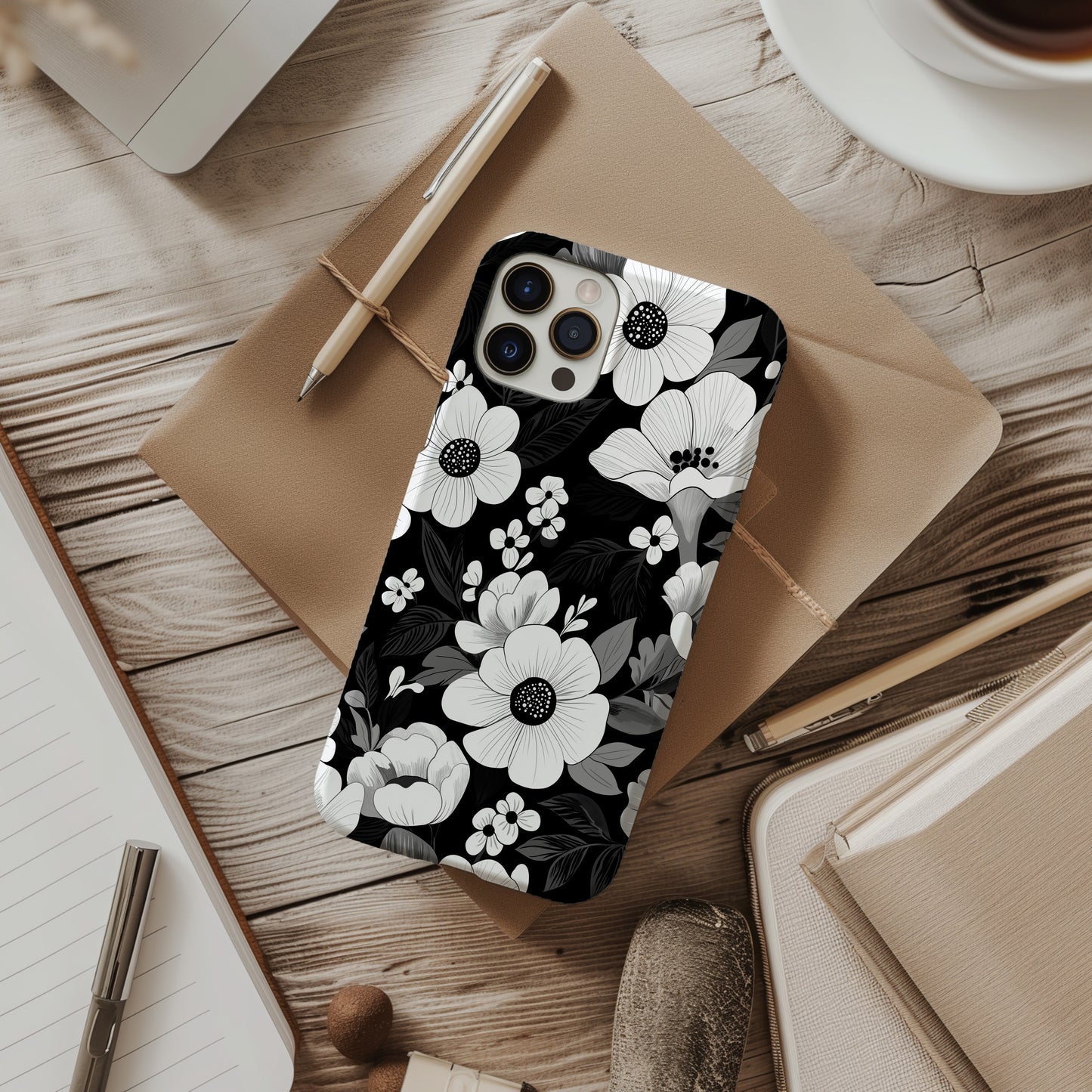 Noir Bloom Phone Case – Monochrome Florals with Bold Elegance & Everyday Protection
