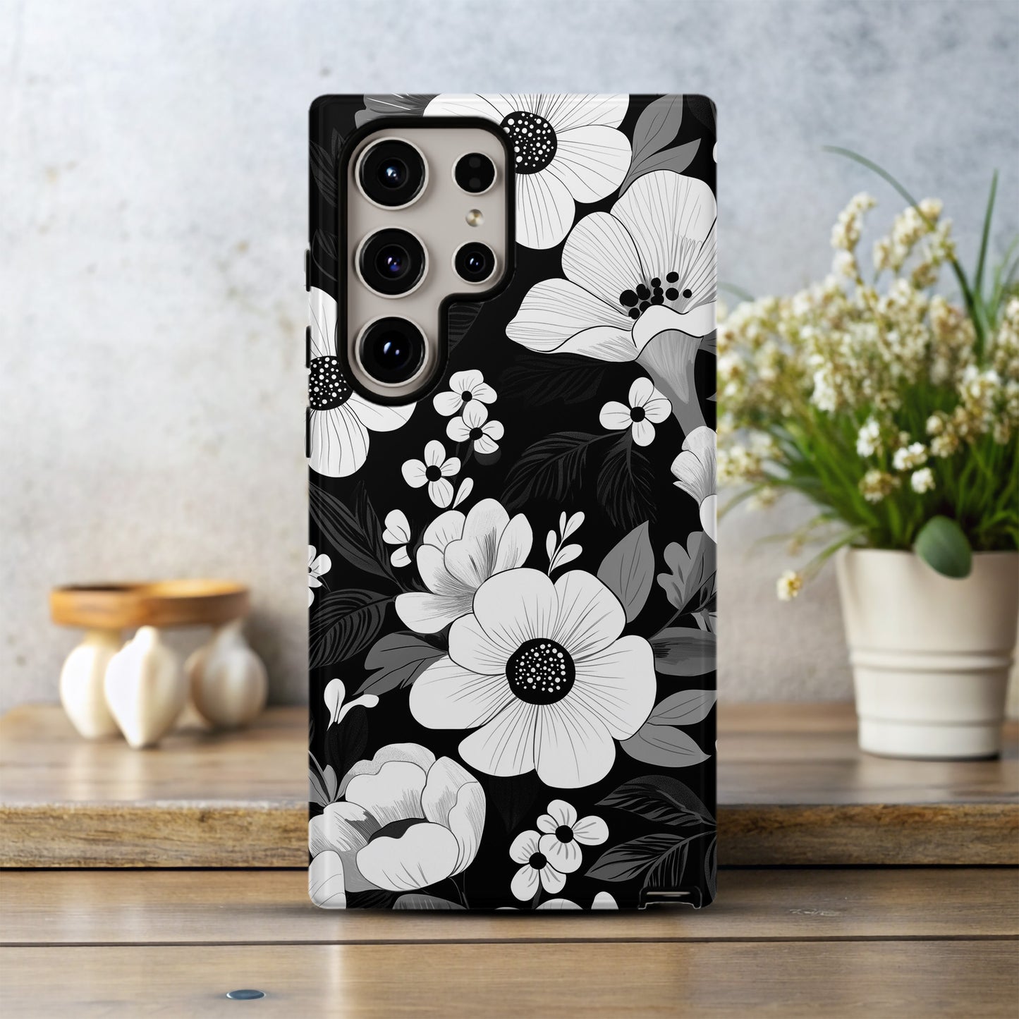 Noir Bloom Phone Case – Monochrome Florals with Bold Elegance & Everyday Protection