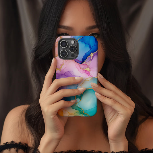 Aurora Marble Luxe Phone Case – Ethereal Hues & Everyday Protection with Golden Elegance