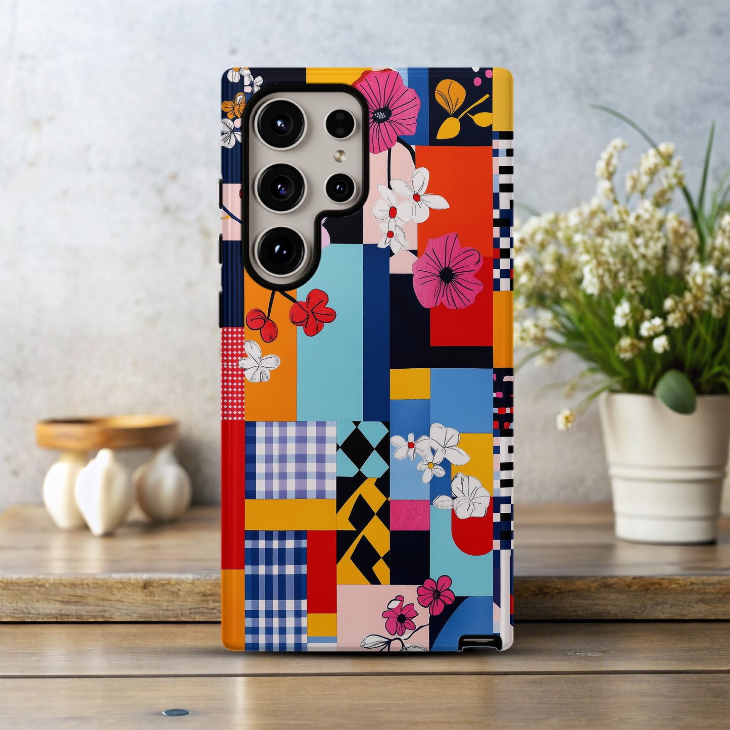FloraPop Patchwork Phone Case – Bold Geometric Florals with Everyday Protection