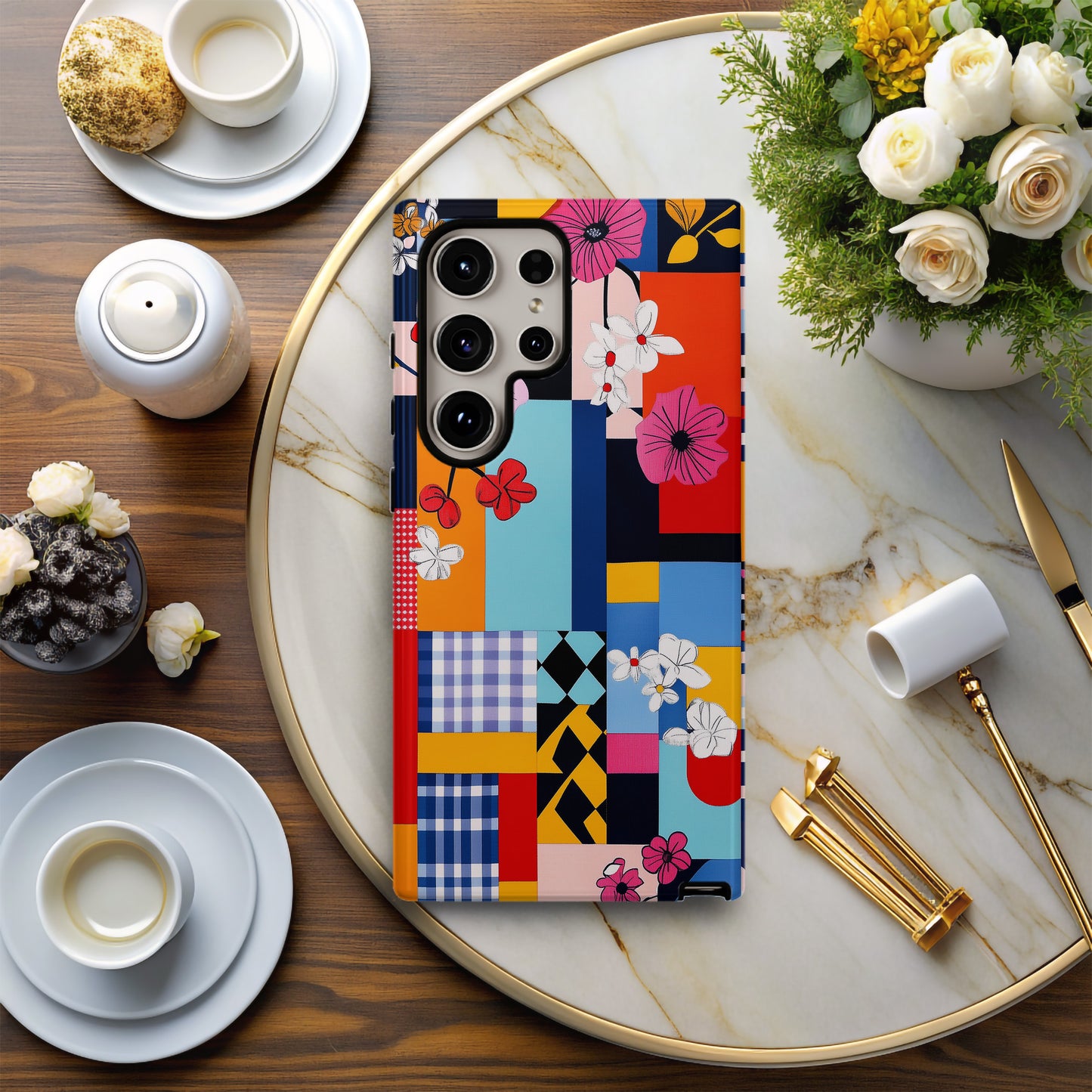 FloraPop Patchwork Phone Case – Bold Geometric Florals with Everyday Protection