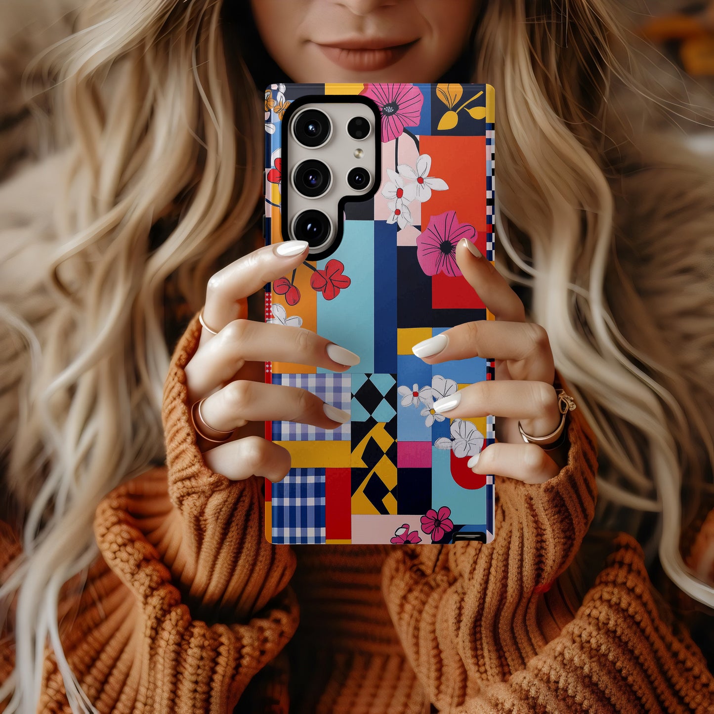 FloraPop Patchwork Phone Case – Bold Geometric Florals with Everyday Protection