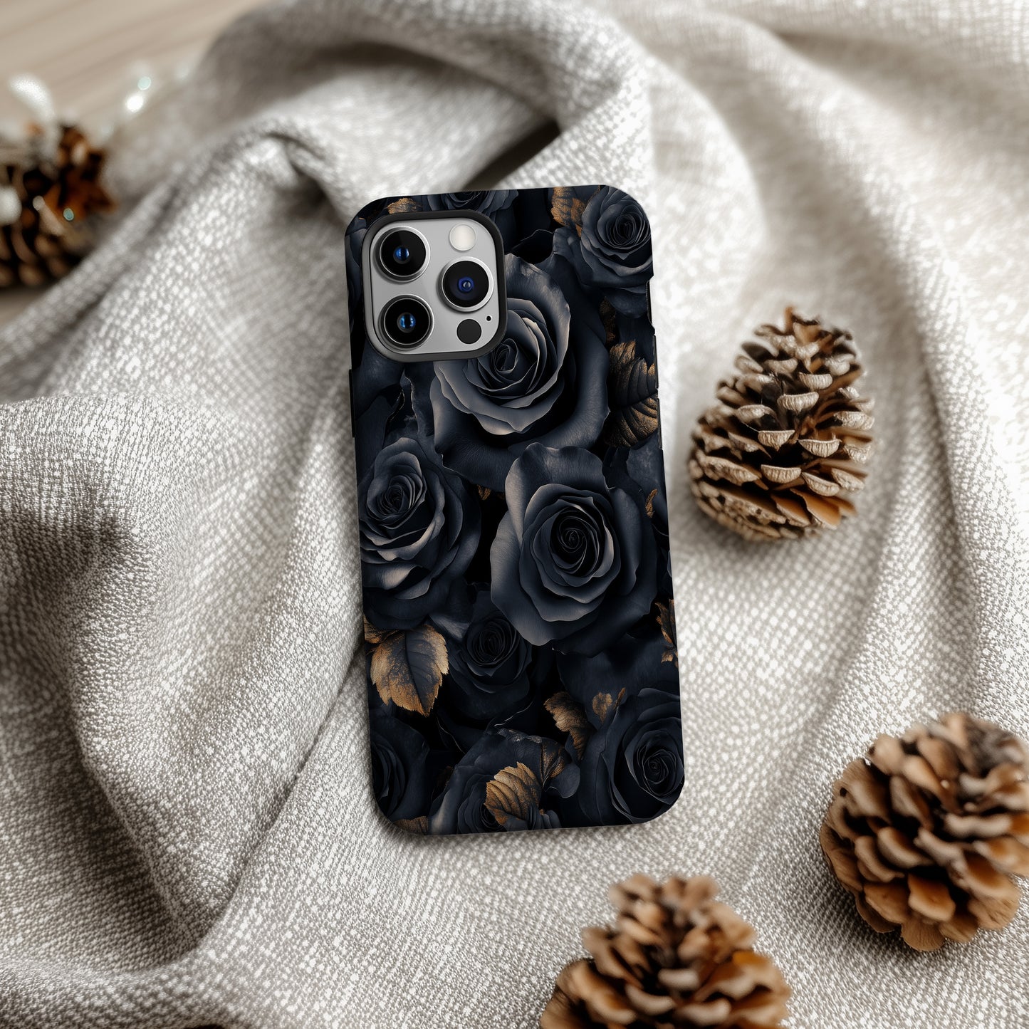 Midnight Rose Luxe Phone Case – Charcoal Blooms & Golden Elegance with Everyday Protection