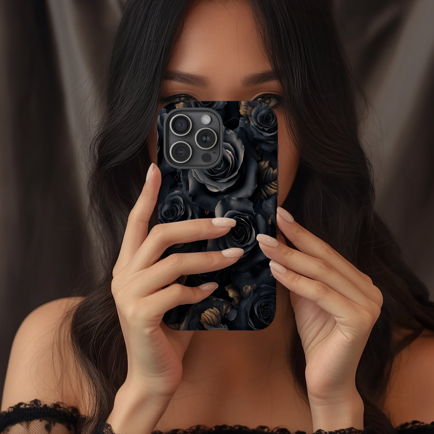Midnight Rose Luxe Phone Case – Charcoal Blooms & Golden Elegance with Everyday Protection