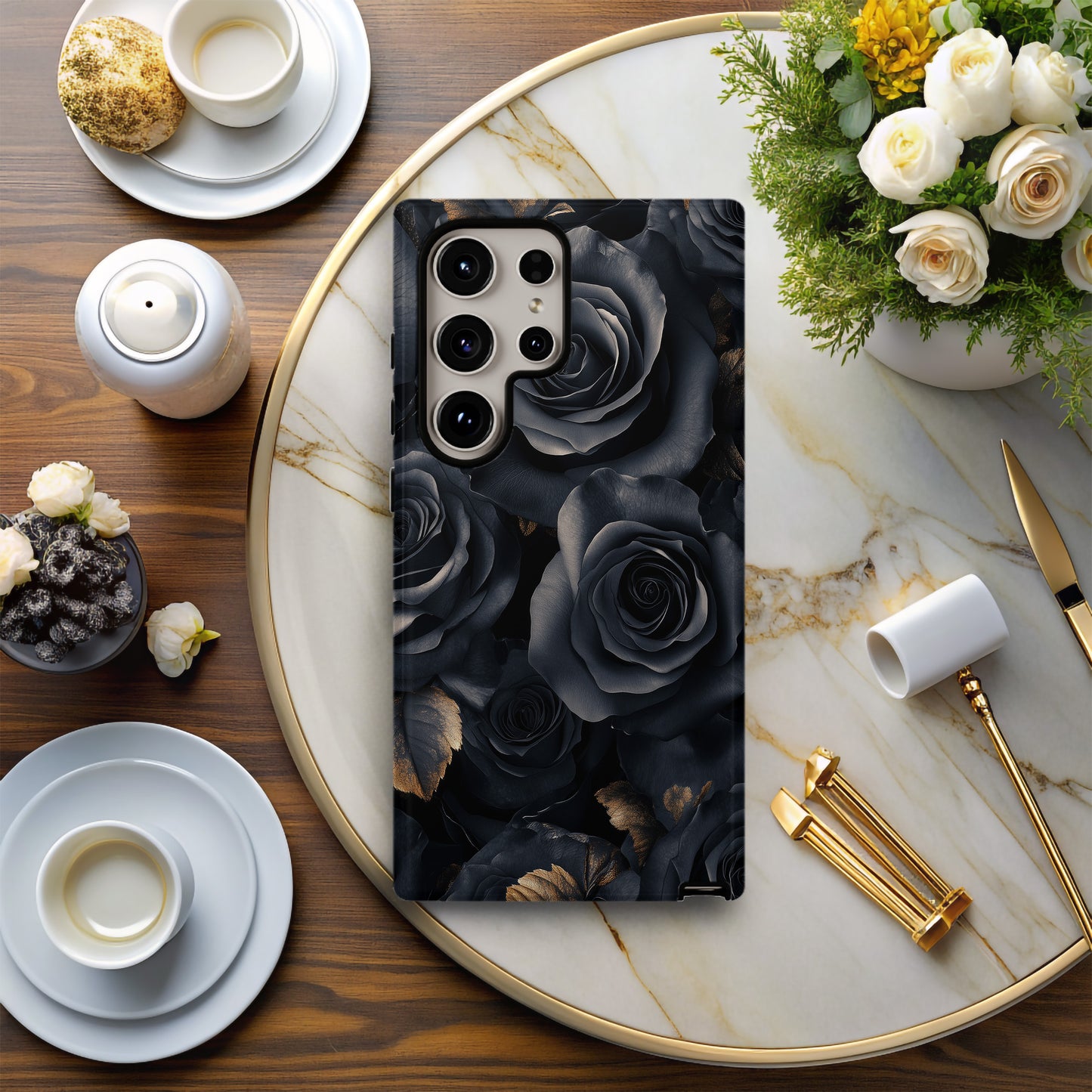 Midnight Rose Luxe Phone Case – Charcoal Blooms & Golden Elegance with Everyday Protection
