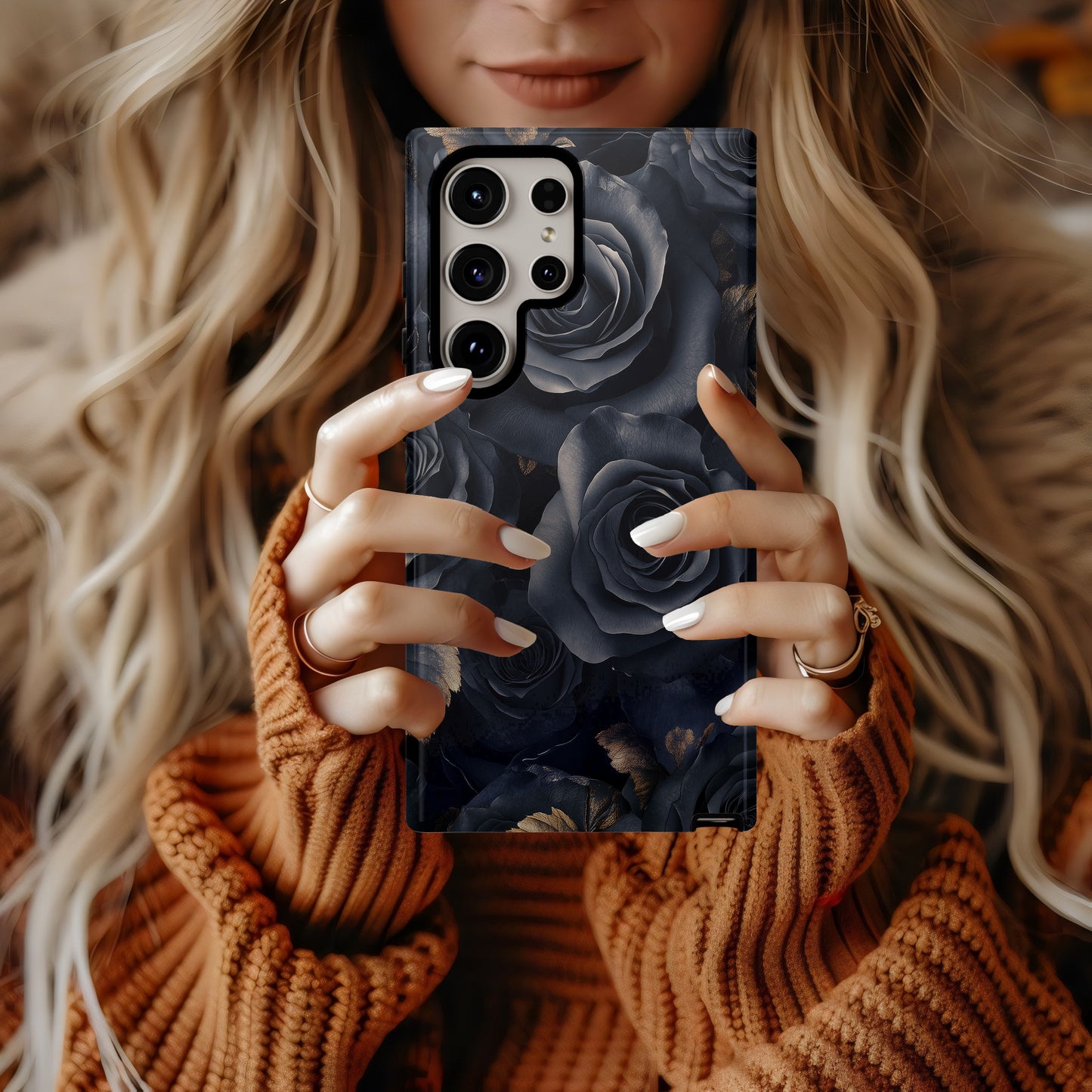 Midnight Rose Luxe Phone Case – Charcoal Blooms & Golden Elegance with Everyday Protection