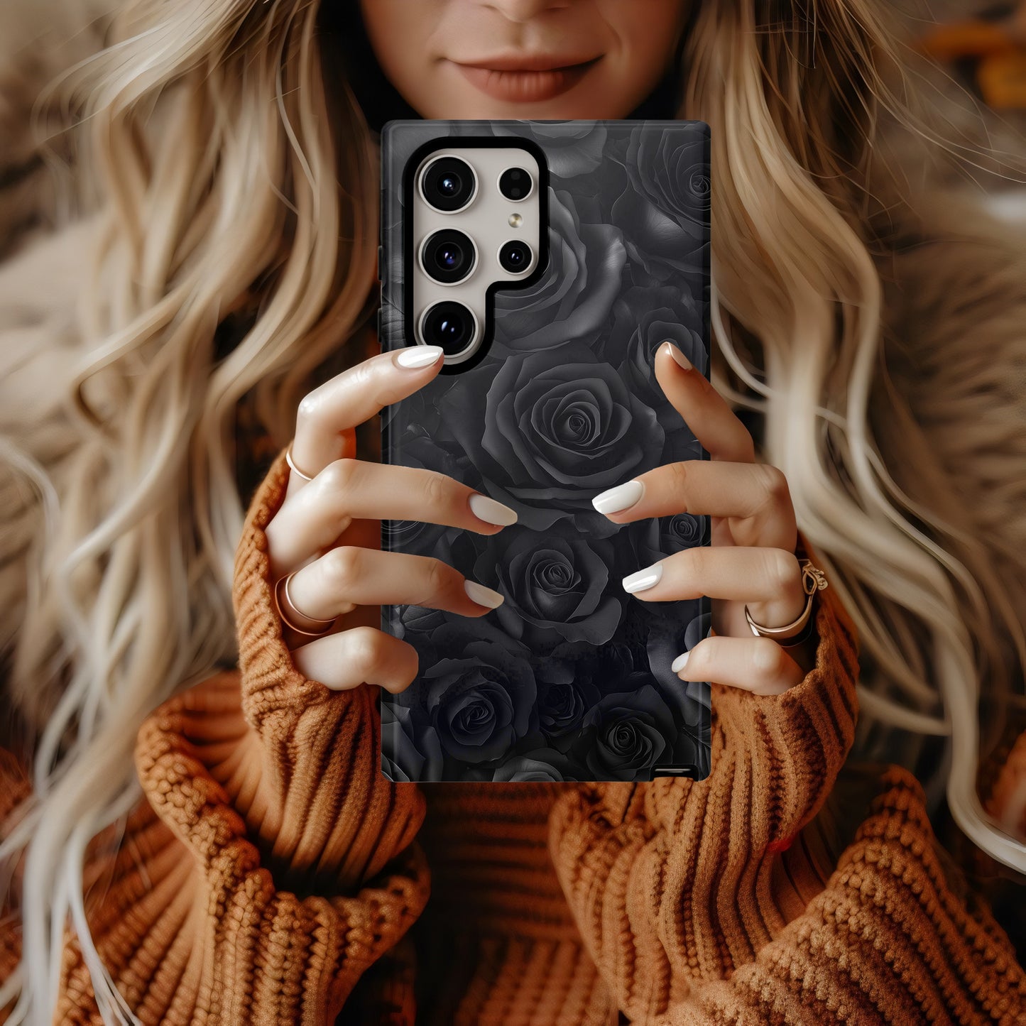Shadow Rose Noir Phone Case – Matte Black Elegance with Everyday Protection