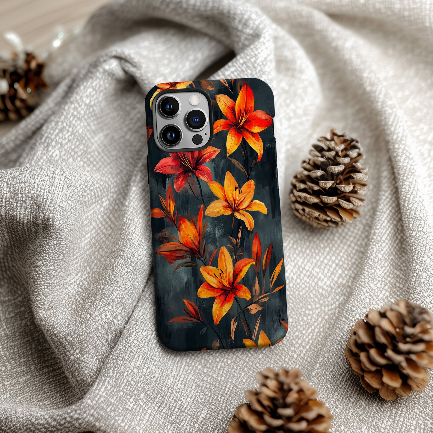 Inferno Lily Phone Case – Fiery Brush-Painted Florals with Bold Protection
